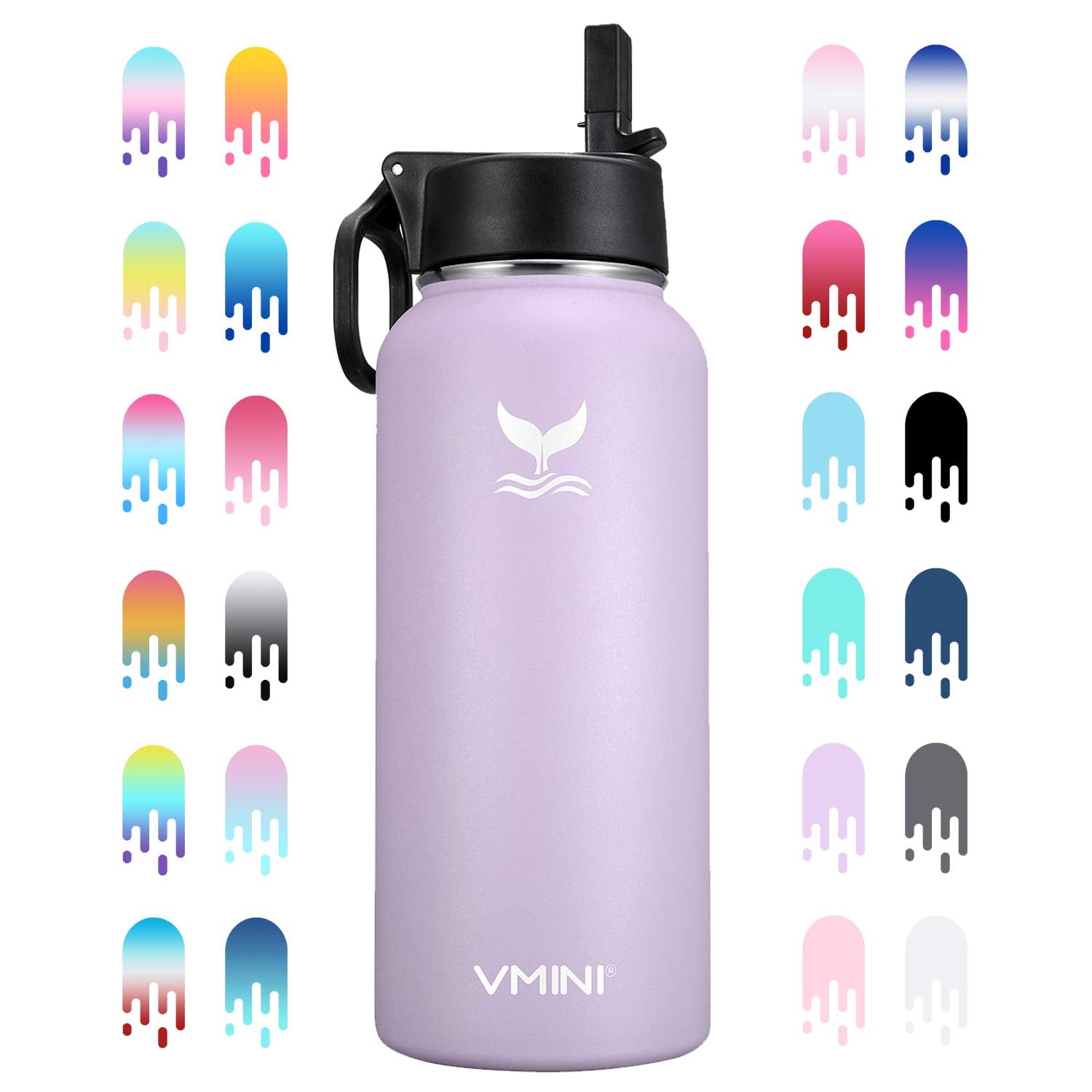 Vmini Water Bottle - Wide Mouth, 18/8 Stainless Steel, Double Wall Vacuum Insulated,  Straw Lid