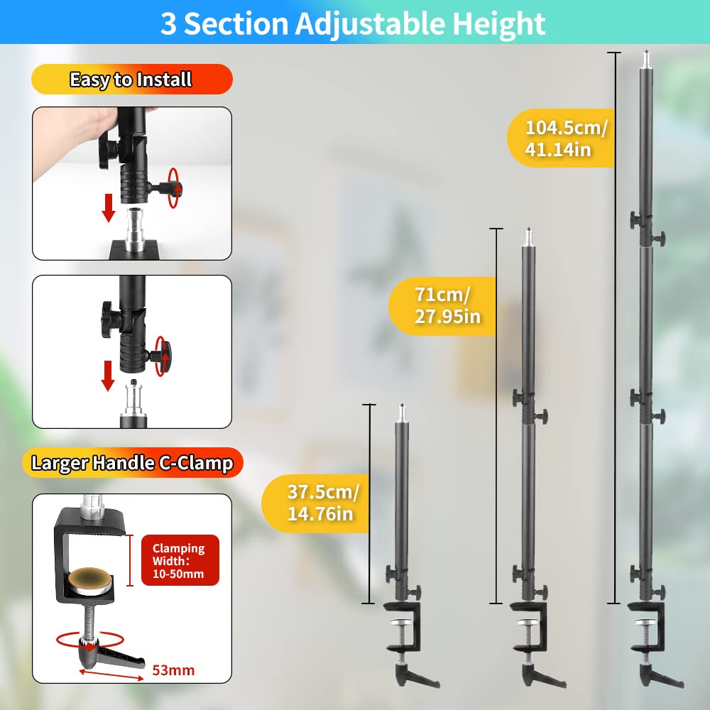 Jebutu Heavy Duty Overhead Camera Desk Mount Stand 14.5"-41" With 1/4" Screw, 3-Section 360°Rotatable Detachable Articulating Boom Arm With Enlarged Handle C Clamp, Tabletop Light Stand For Streaming Vlog