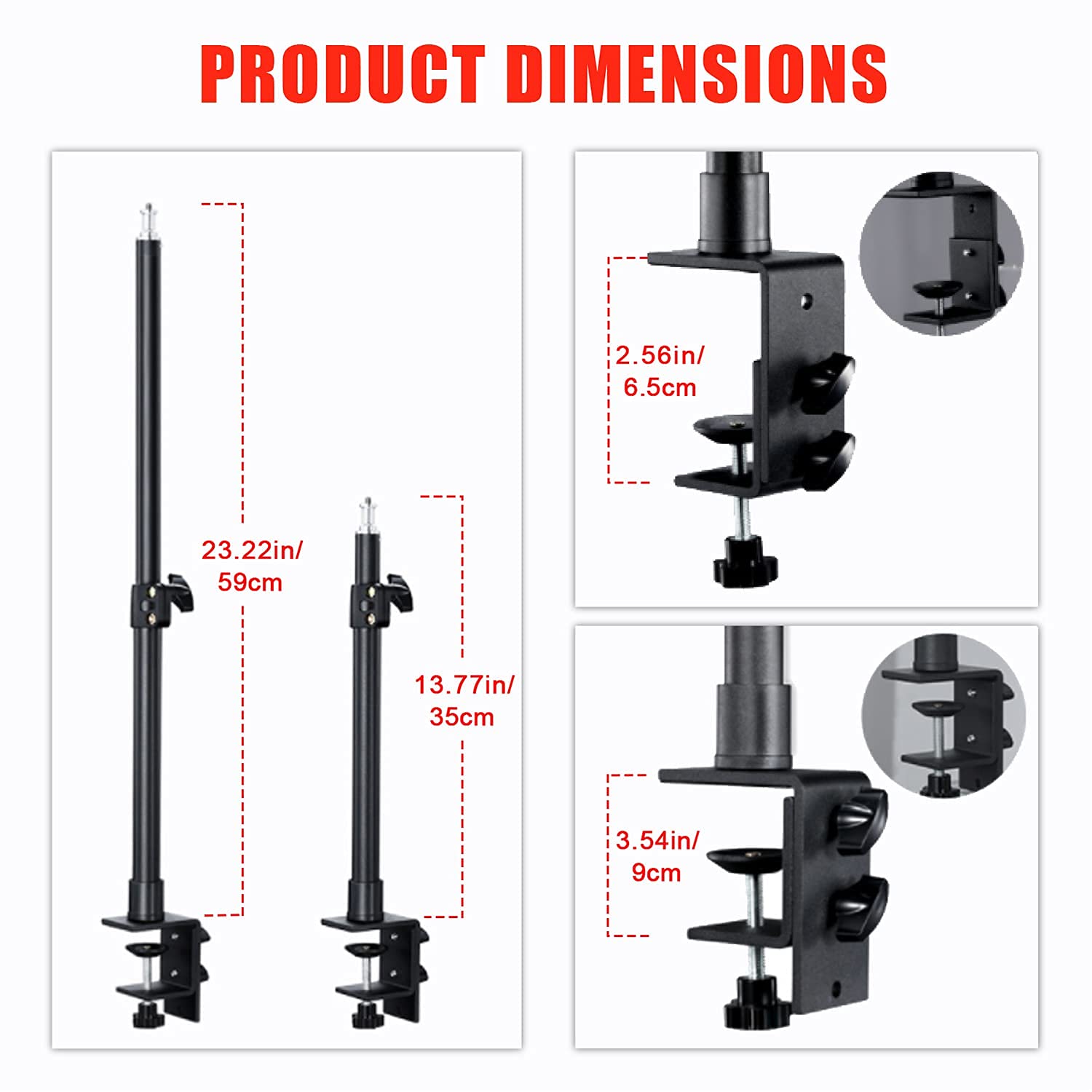 Fotoconic Camera Desk Mount Stand With 1/4" Screw And 360° Rotatable Ball Head Adjustable 14-23Inches / 35-59Cm Aluminum Light Stand For Dslr Camera, Ring Light, Led Light, Live Streaming, Make Up