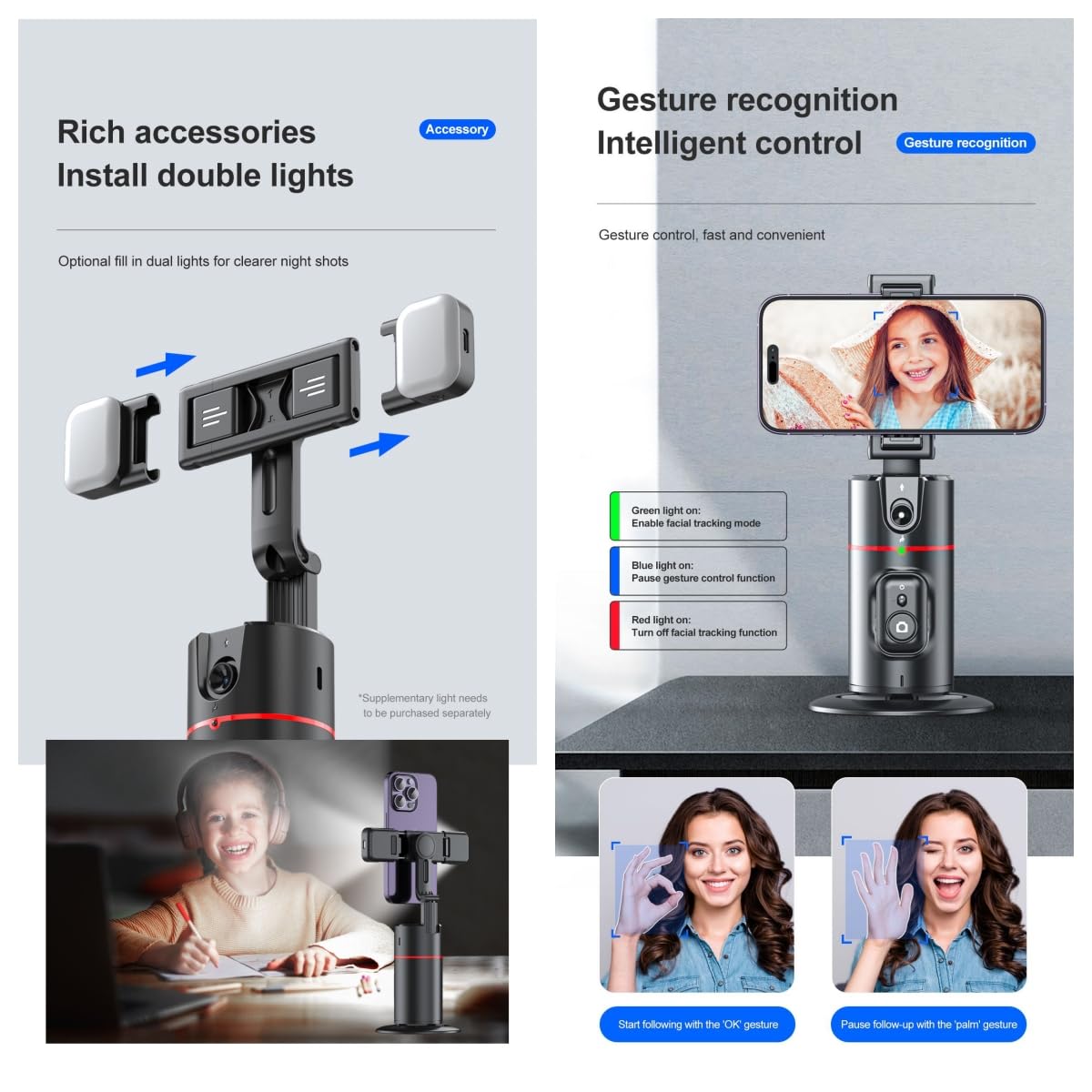 Sesdos Auto Face Tracking Tripod Remote Control,Smart Tracking Phone Holder,360° Rotation Face Body Phone Camera Mount Gesture Control With Tripod Stand For Live Streaming Video,Chat Face Time，Meeting