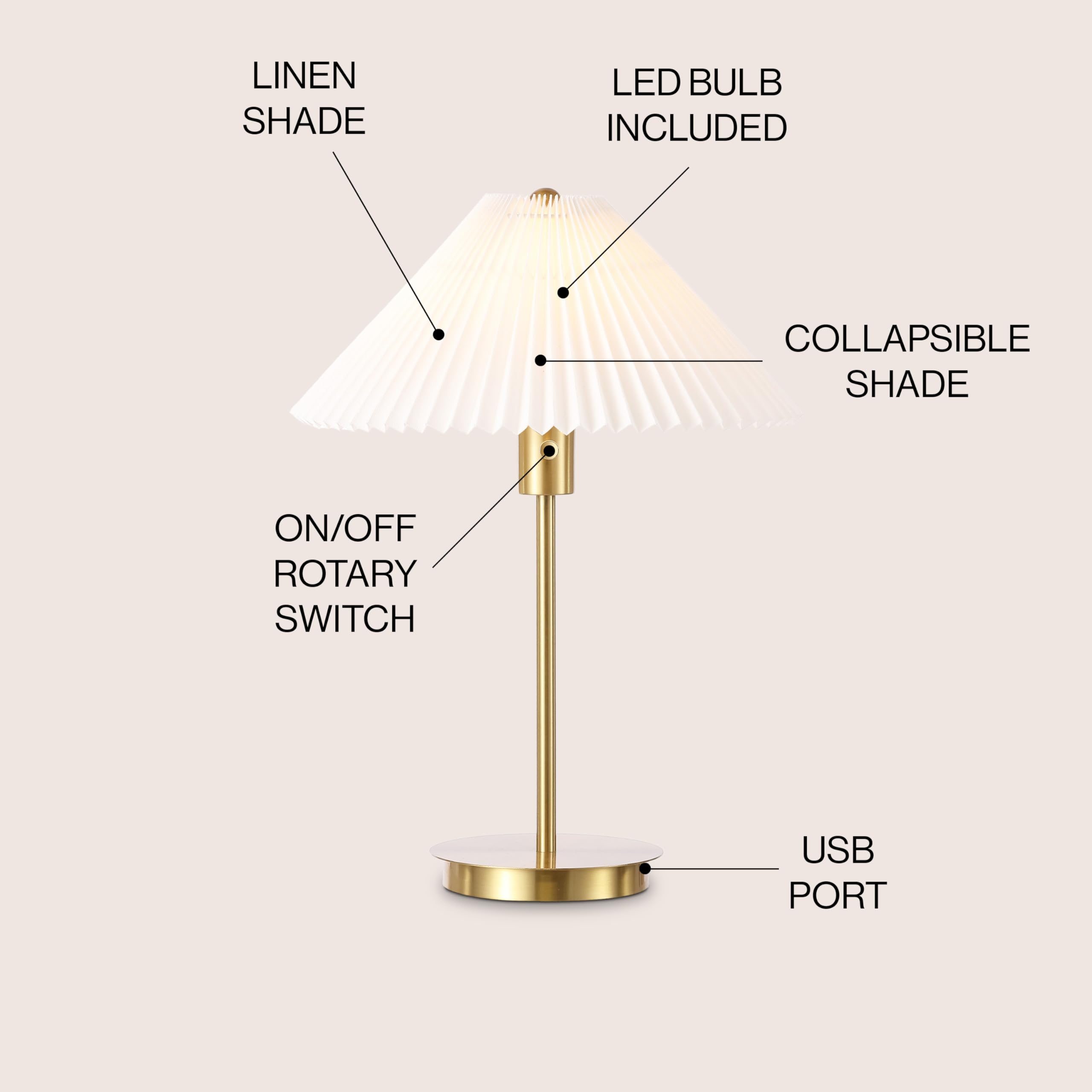 Jonathan Y Jyl1149A Freida 21.25" Modern Glam Metal Column Led Table Lamp With Usb Charging Port And Pleated Shade For Bedroom, Living Room, Office, Brass Gold/White