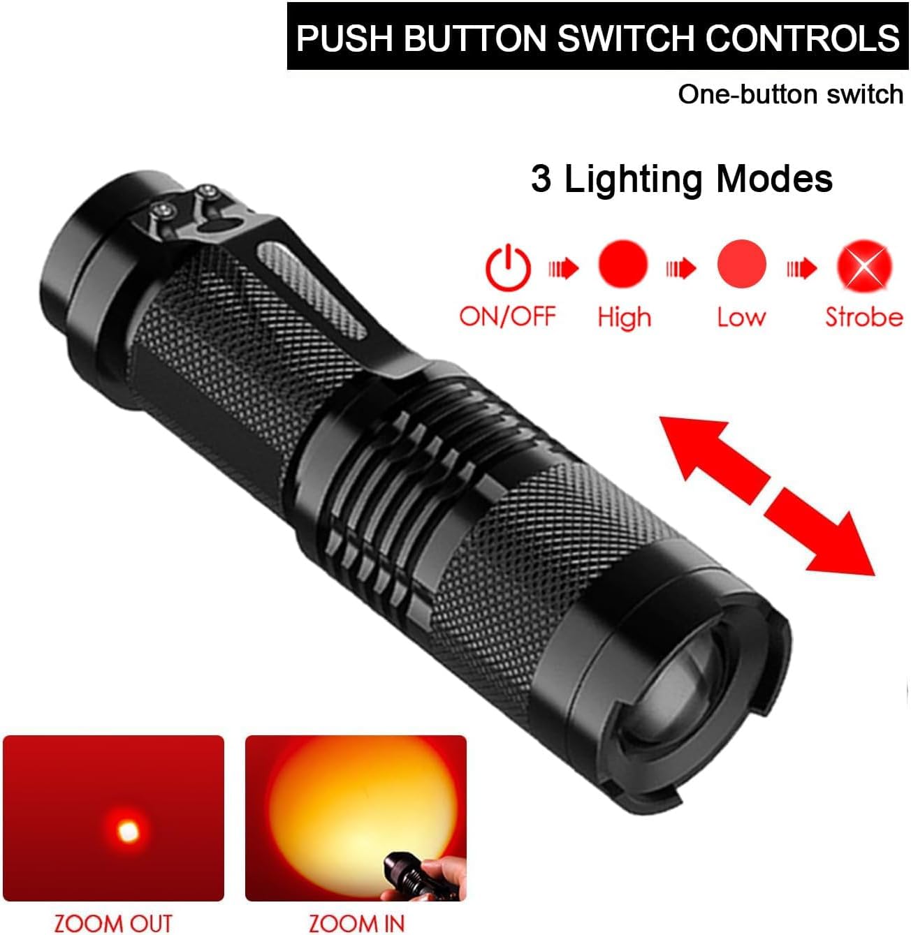 Modoao Red Light Flashlight, 3 Modes Red Led Flashlight, Focus Zoomable,Use In Night Observation And Outdoor Activities For Camping, Hiking, Night Vision (10)