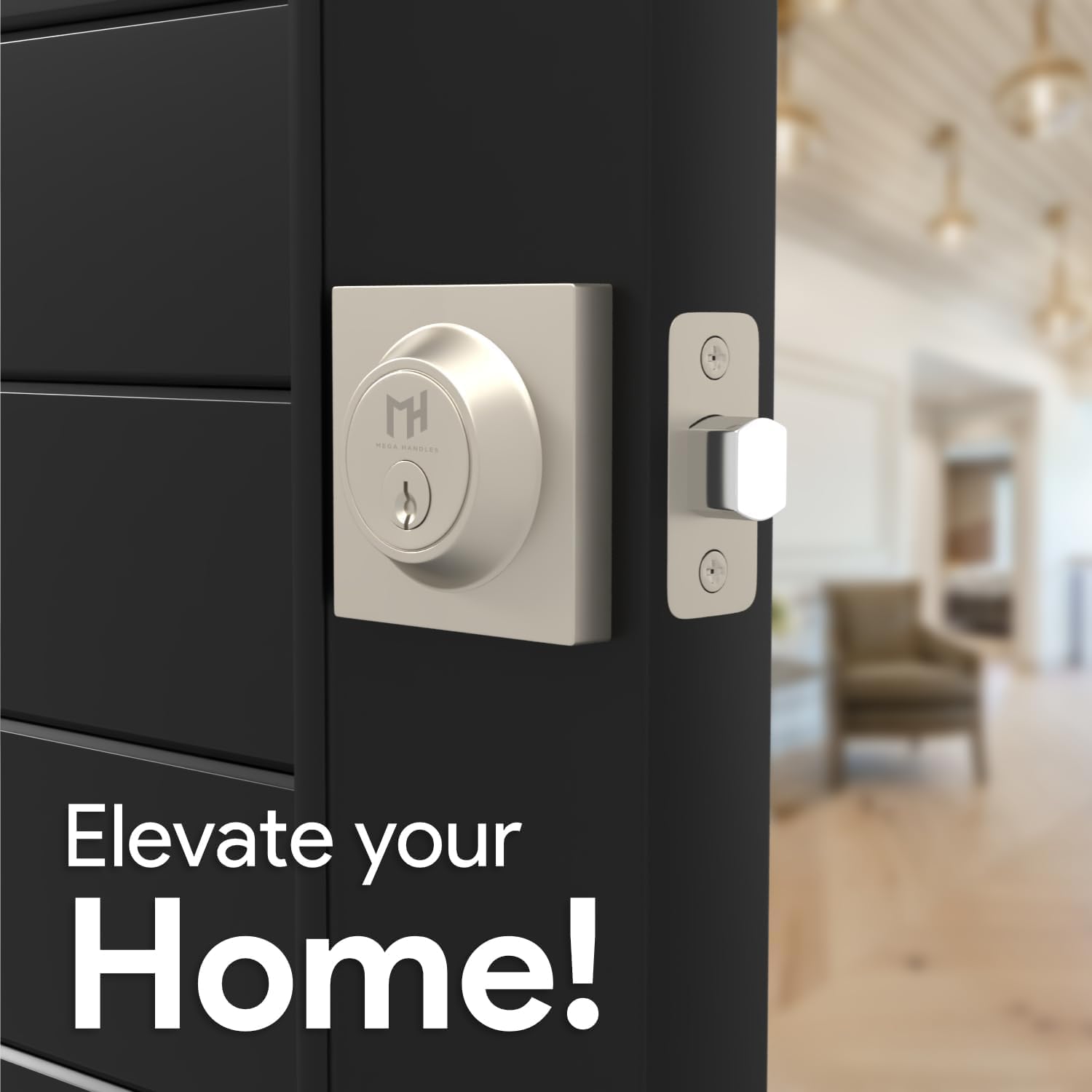 Mega Handles - Glamor Deadbolt Entry Lock - Heavy Duty Round Locking For Left Or Right-Handed Doors - Interior/Exterior - Satin Nickel