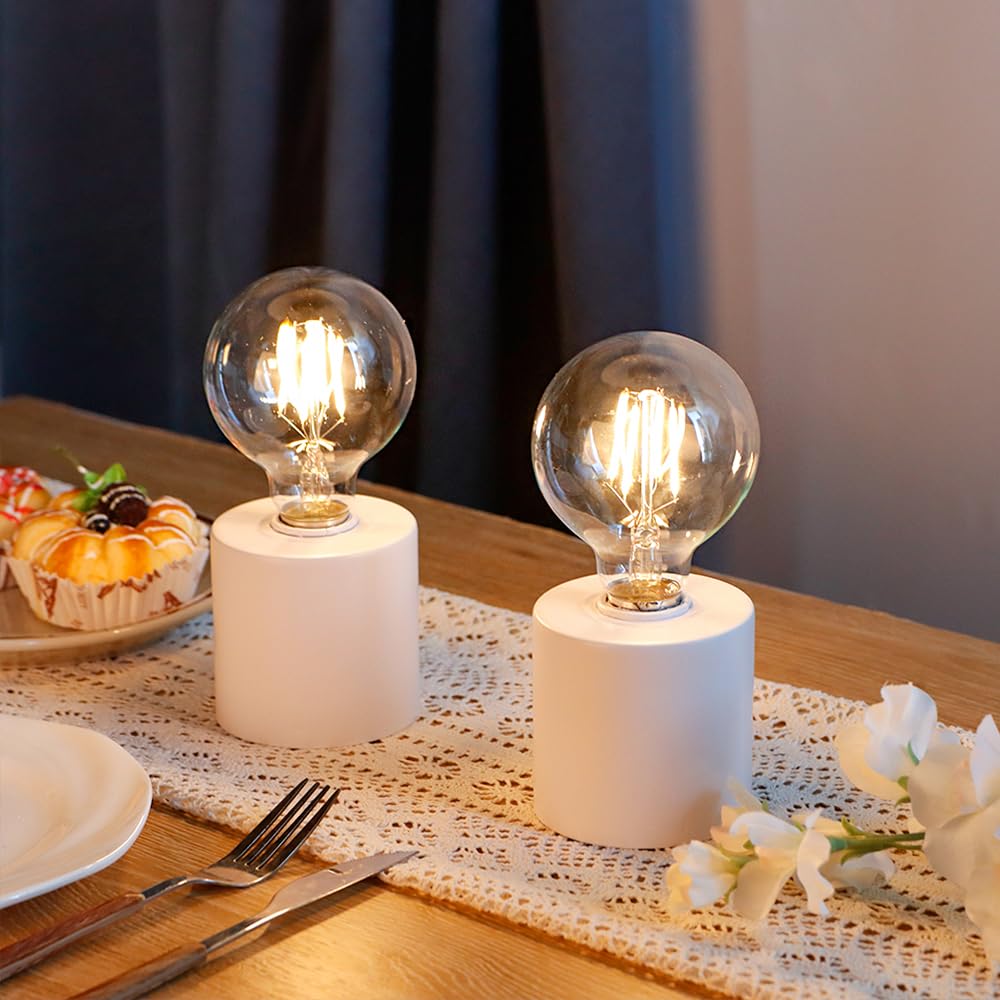 Jhy Design Set Of 2 White Table Lamp Battery Powered 7" Tall Cordless Lamp Light With Edison Style Bulb Battery Operated Great For Living Room Bedroom Weddings Parties Patio Events