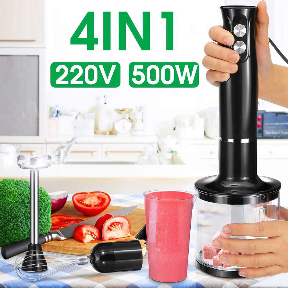 Vovewan 4 In1 Immersion Blender Handheld 304 Stainless Steel Blades, 5 Speed & 3-Angle Adjustable Chopper Beaker Whisk And Beater For Milkshakes Smoothies Soup Baby Food