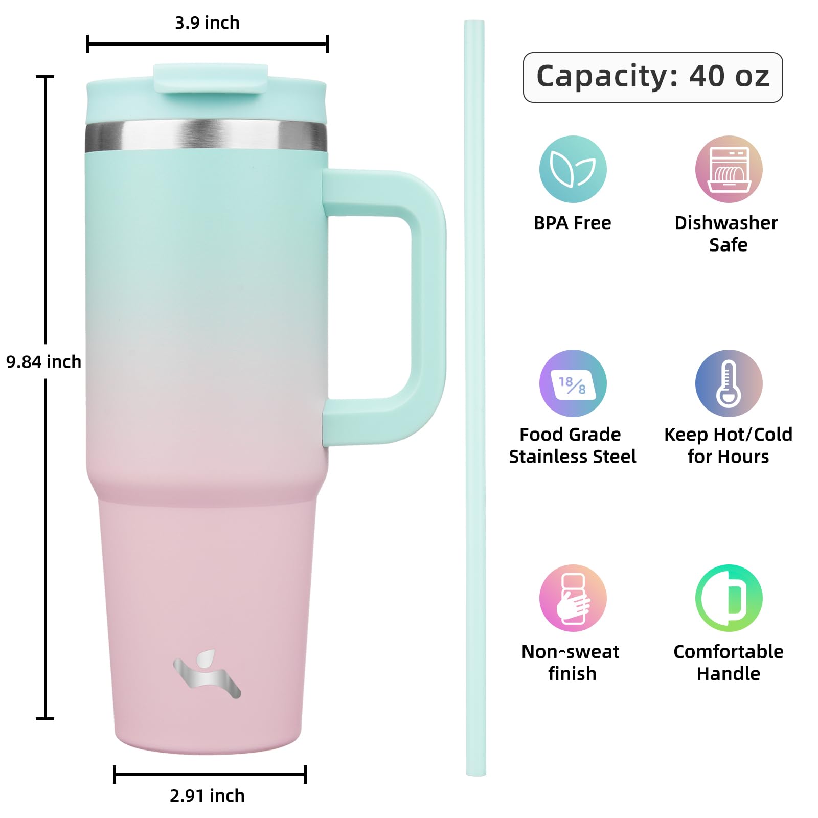 40 Oz Tumbler With Handle And 2 Straws,2 In 1 Lid Insulated Water Bottle Stainless Steel