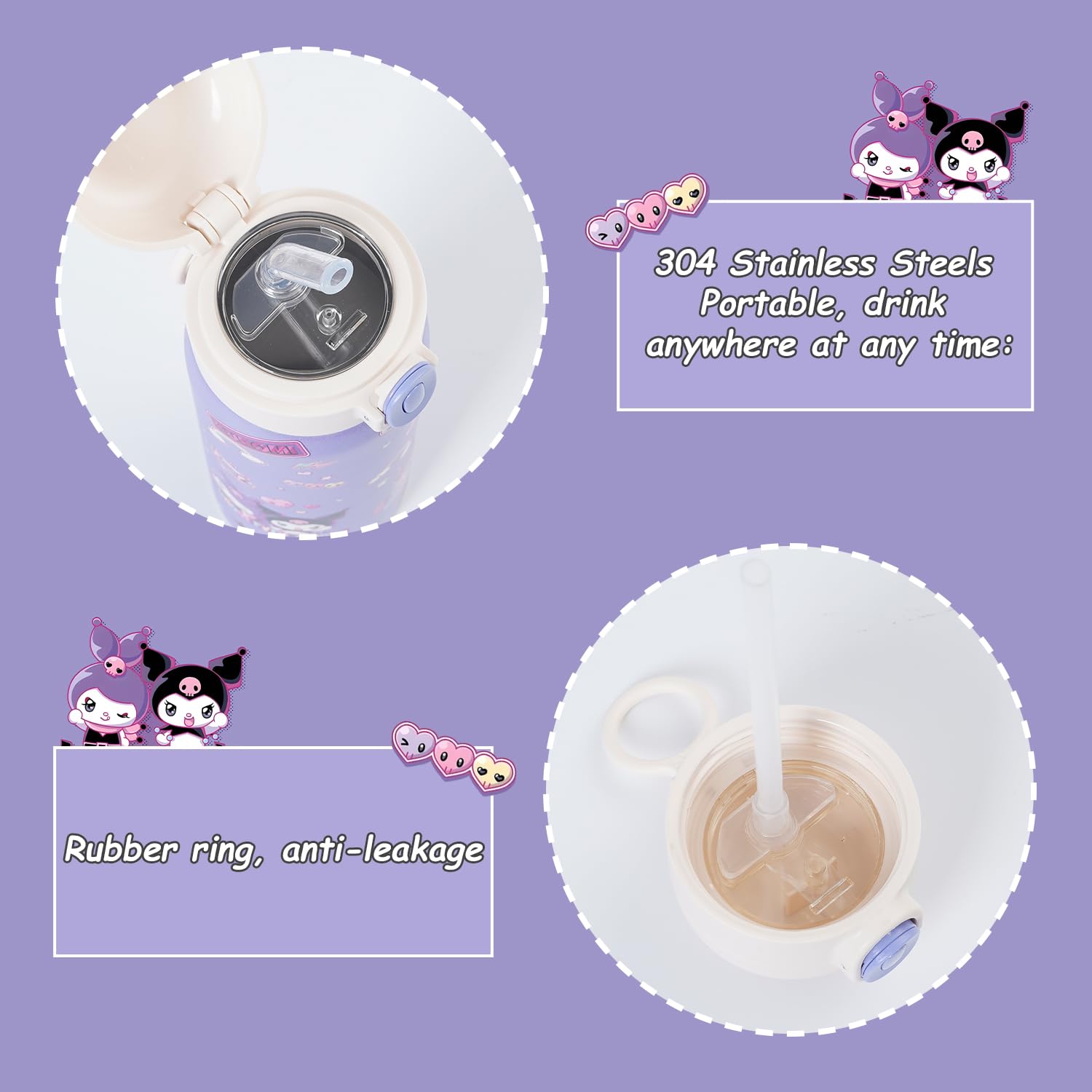Cute Water Bottle, Vacuum Insulated Cartoon Stainless Steel 17Oz Kawaii Cup Thermoses