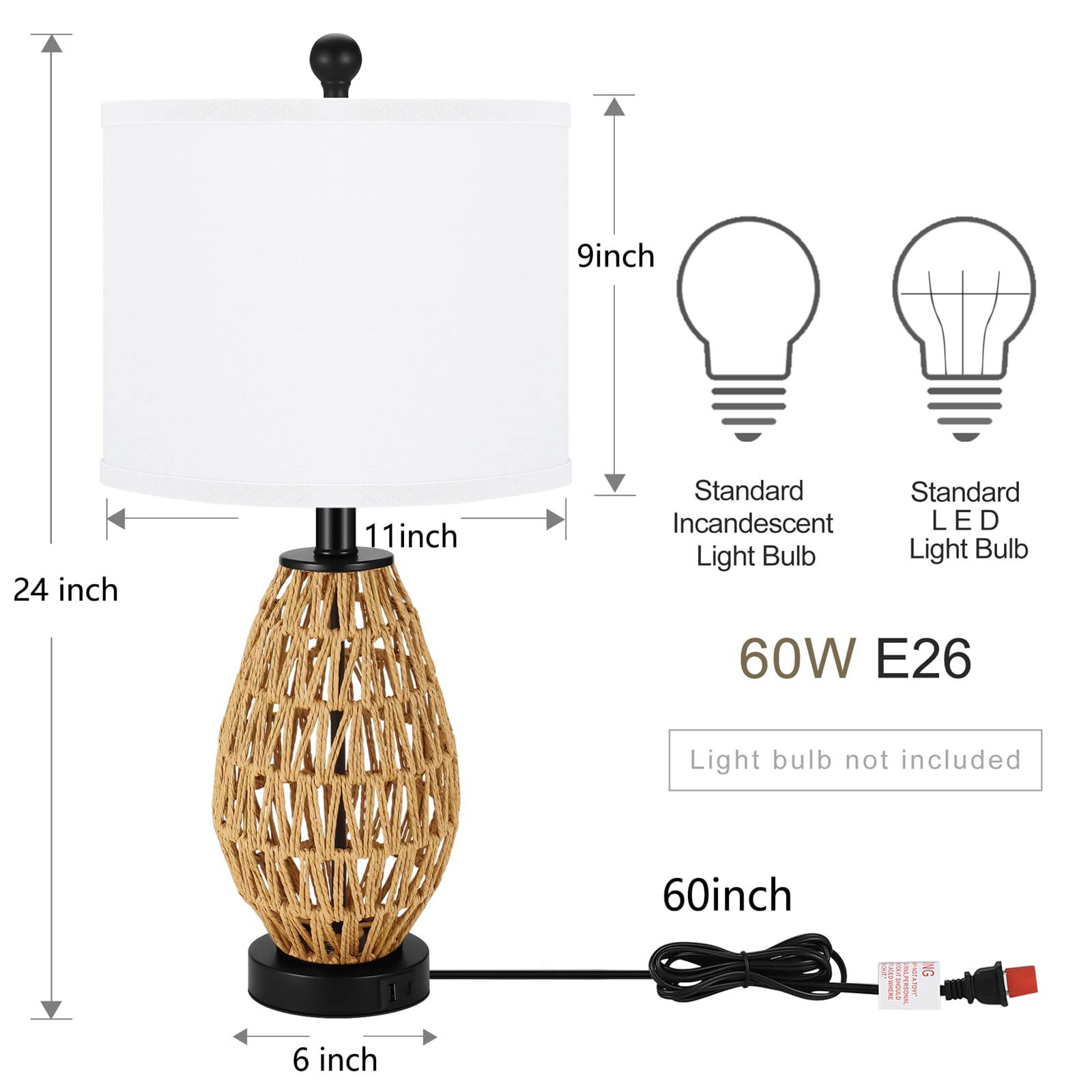 Tpamswo Coastal Table Lamps Set Of 2, Retro Rattan Woven 24" Bedside Lamp, For Bedroom Living Room Home Nightstand Table Lamp(With Usb C+A 5V 2.1A Charging Ports)