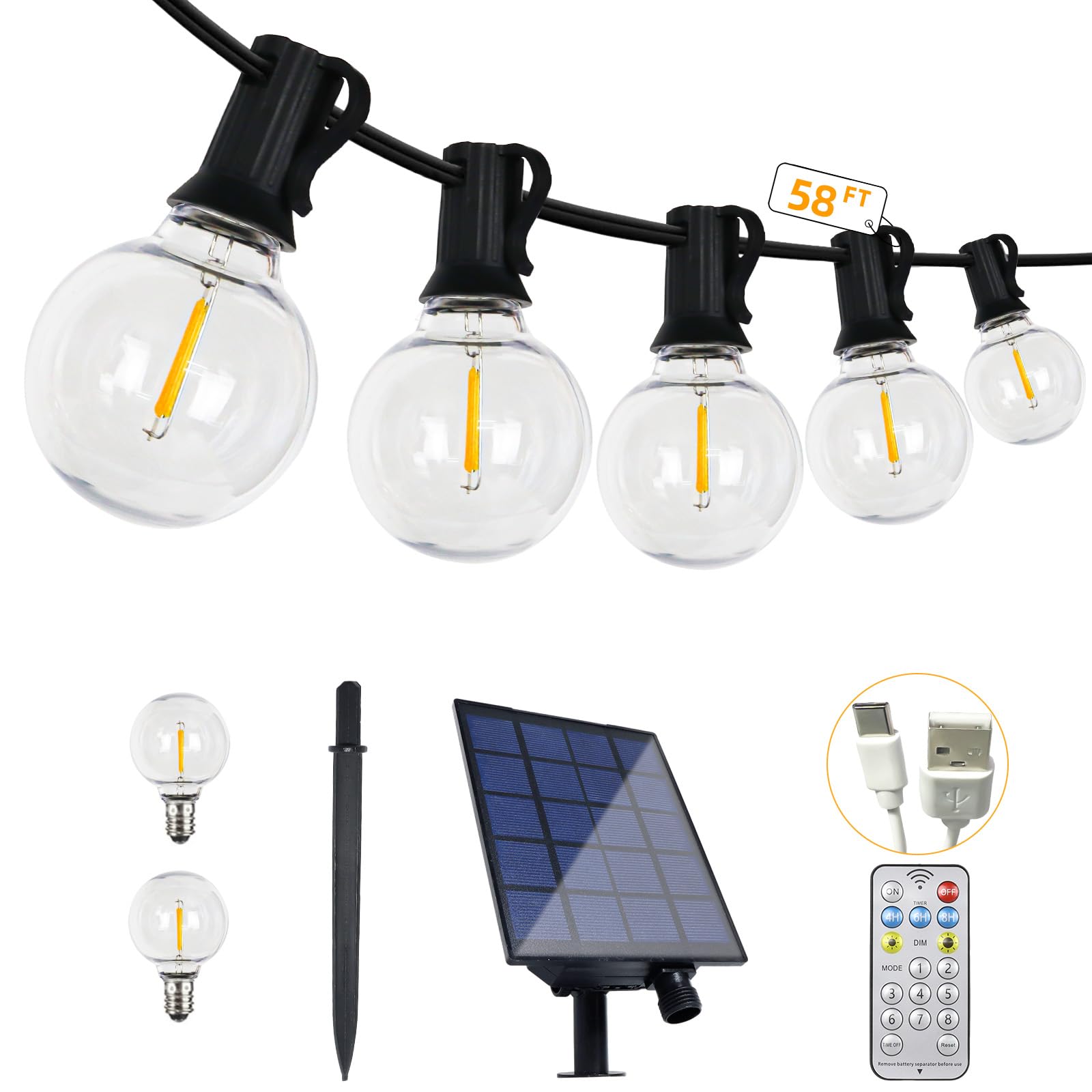 Shineu 58Ft Solar String Lights Waterproof With Remote, G40 Led Dimmable Globe Outdoor Lights For Patio With 27 Edison Vintage Shatterproof Bulbs, Connectable Backyard Lights For Bistro, Porch