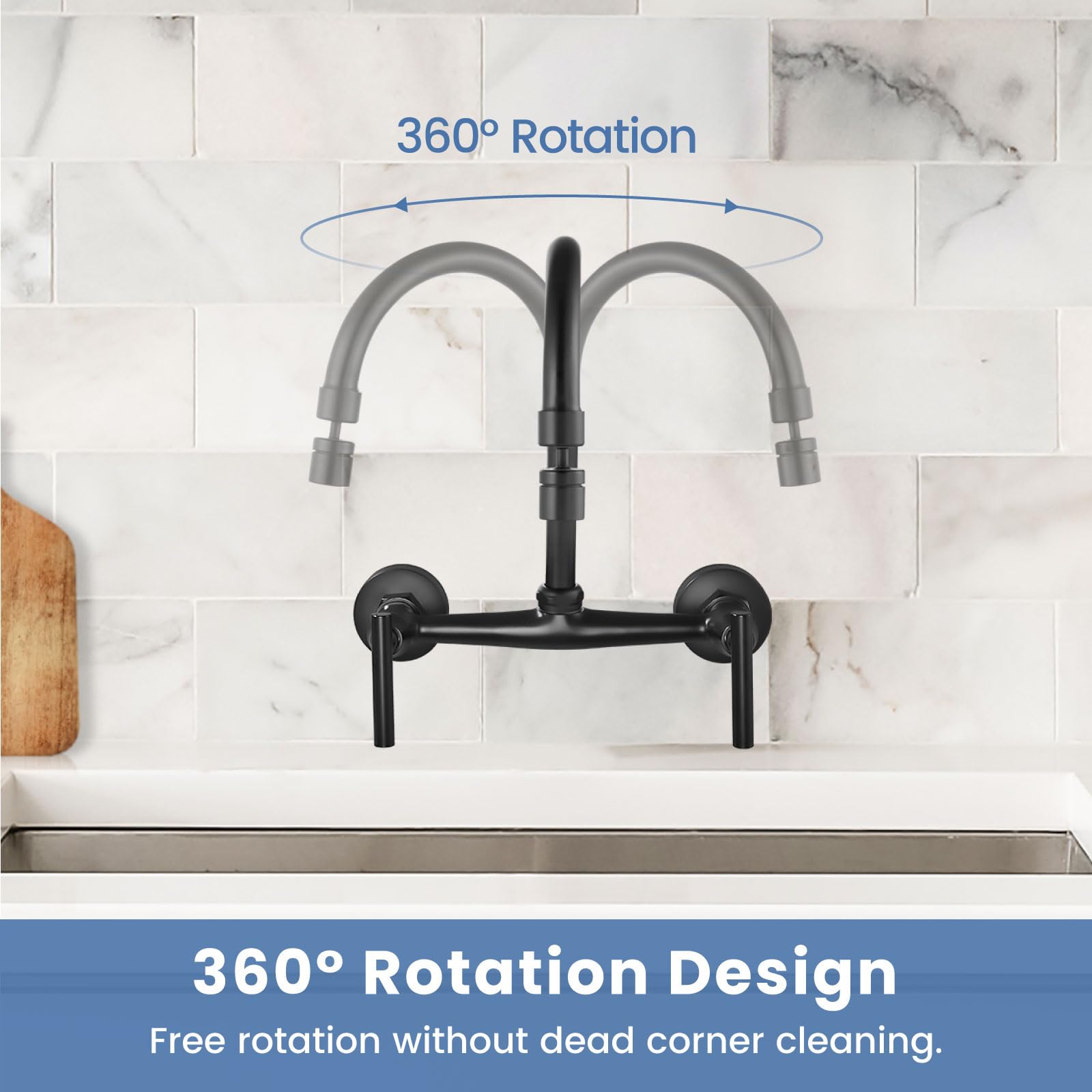 Airuida Wall Mount Kitchen Sink Faucet Wall Mounted Kitchen Faucets 8 Inch Center Double Handles 360 Degree Swivel Spout Restaurant Utility Laundry Commercial Mixer Tap Matte Black