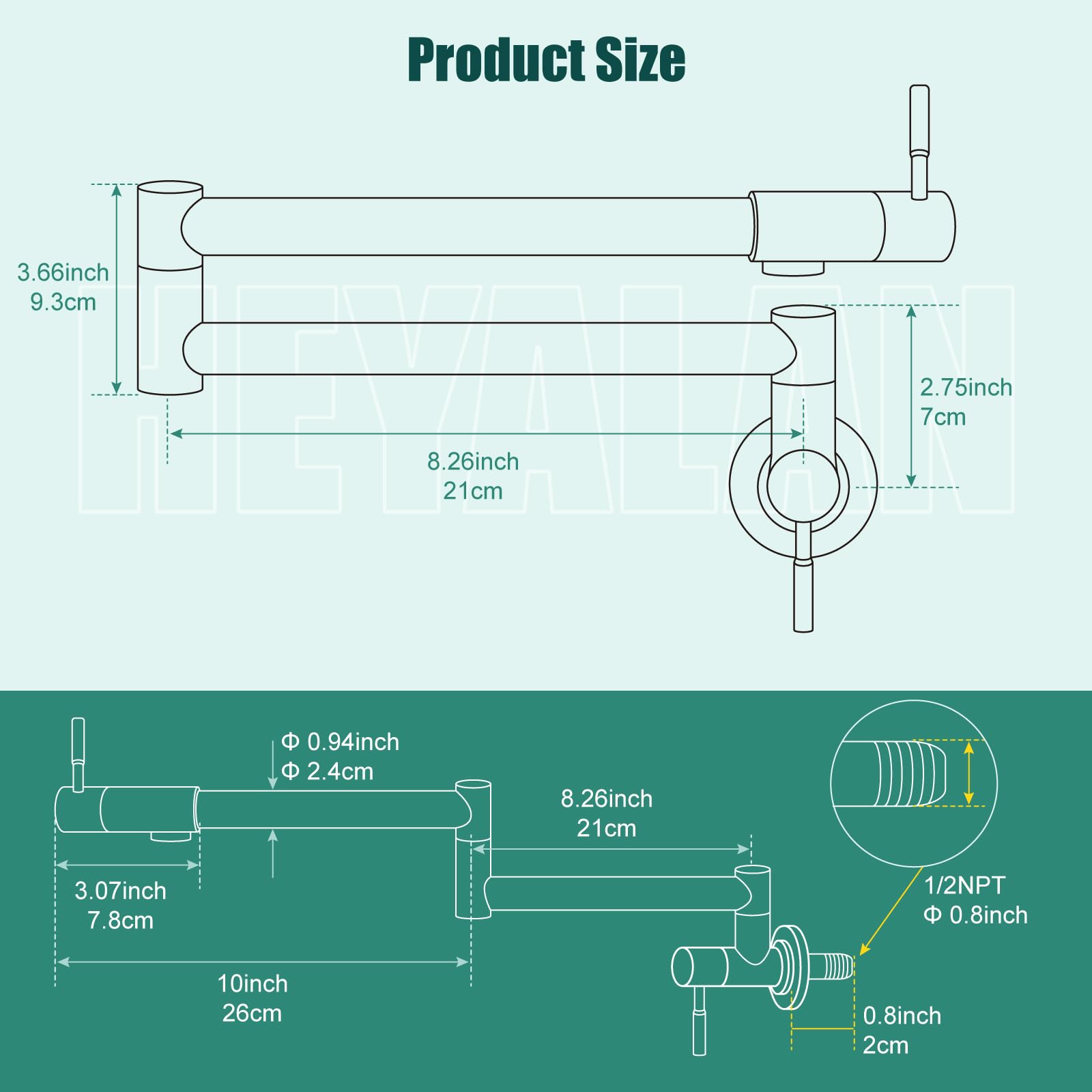 Heyalan Pot Filler 19 Inch Wall Mount Folding Stretchable Kitchen Restaurant Faucet Stainless Steel Pot Filler Double Joint Swing Arm Two Handles Commercial Npt,Straight Handle,Matte Black