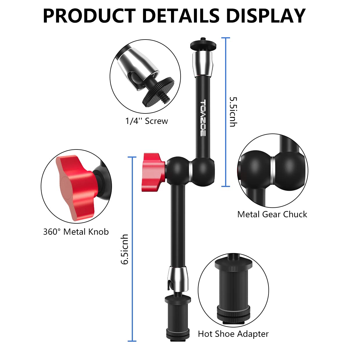 Toazoe Adjustable Magic Arm, 11 Inch/28 Cm Articulating Friction Arm Camera Mount With Both 1/4" Thread Screw Compatible With Camera, Lcd Monitor, Fill Light,Flash Led Light