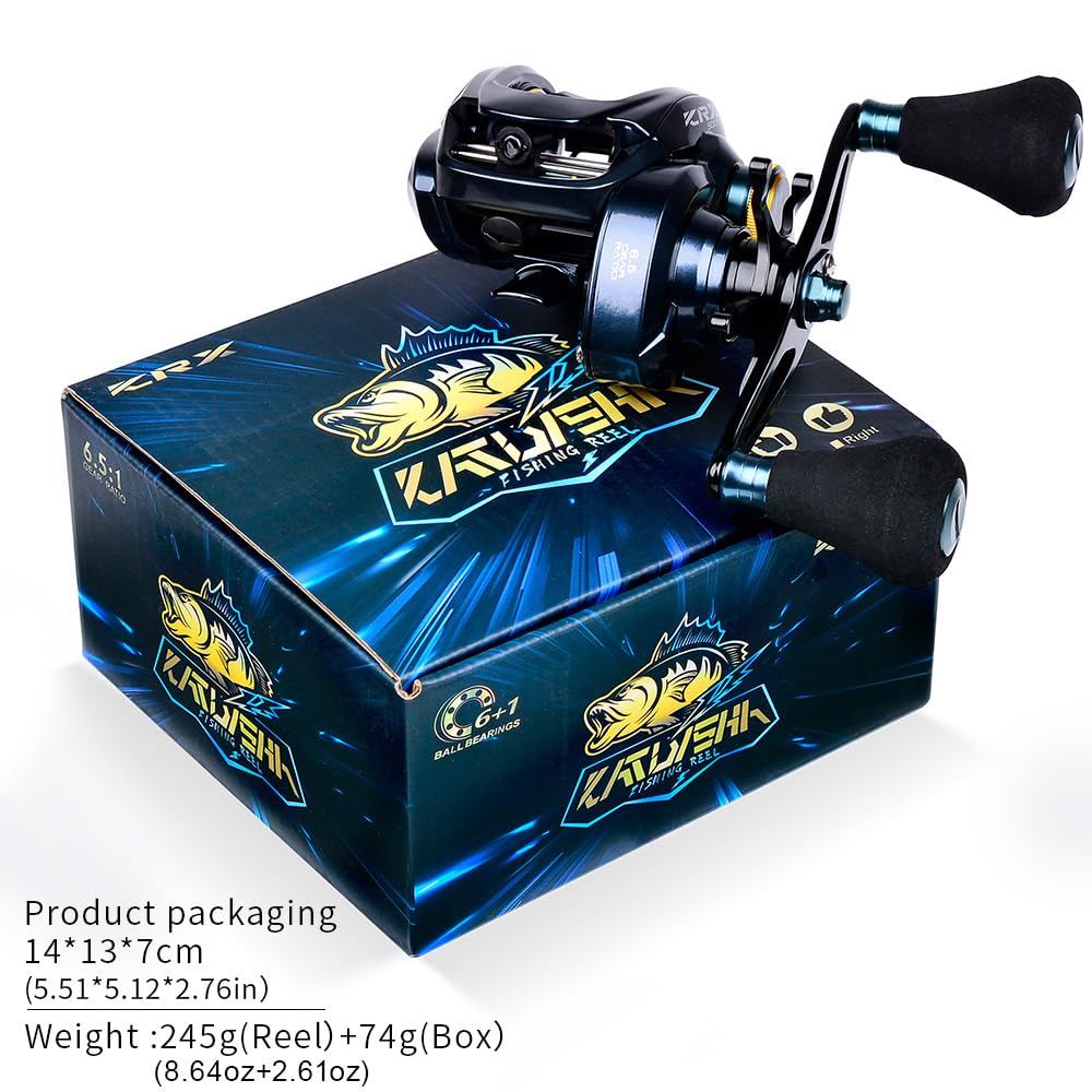Katuysha Baitcasting Fishing Reels - 500 Size Casting 6.5:1 Gear Ratio Speed Spool Baitcaster Reels - 6+1 Bb Carbon Fiber Drag Magnetic Braking System Low Profile Saltwater Offshore Fishing Baitcasting Reel
