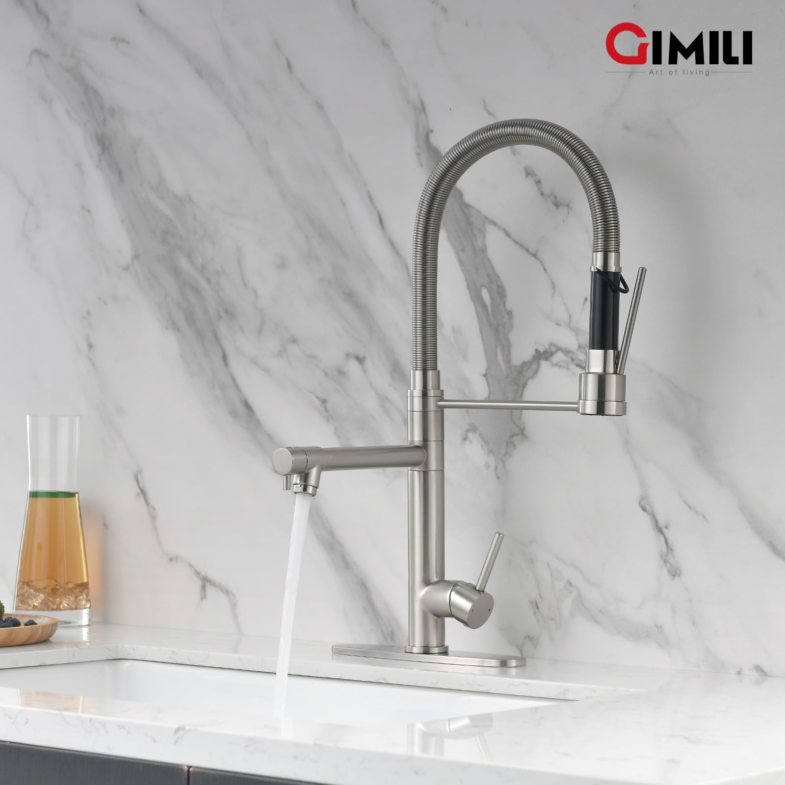 Gimili Commercial Dual-Spout Kitchen Sink Faucet With Pull Down Sprayer Brushed Nickel