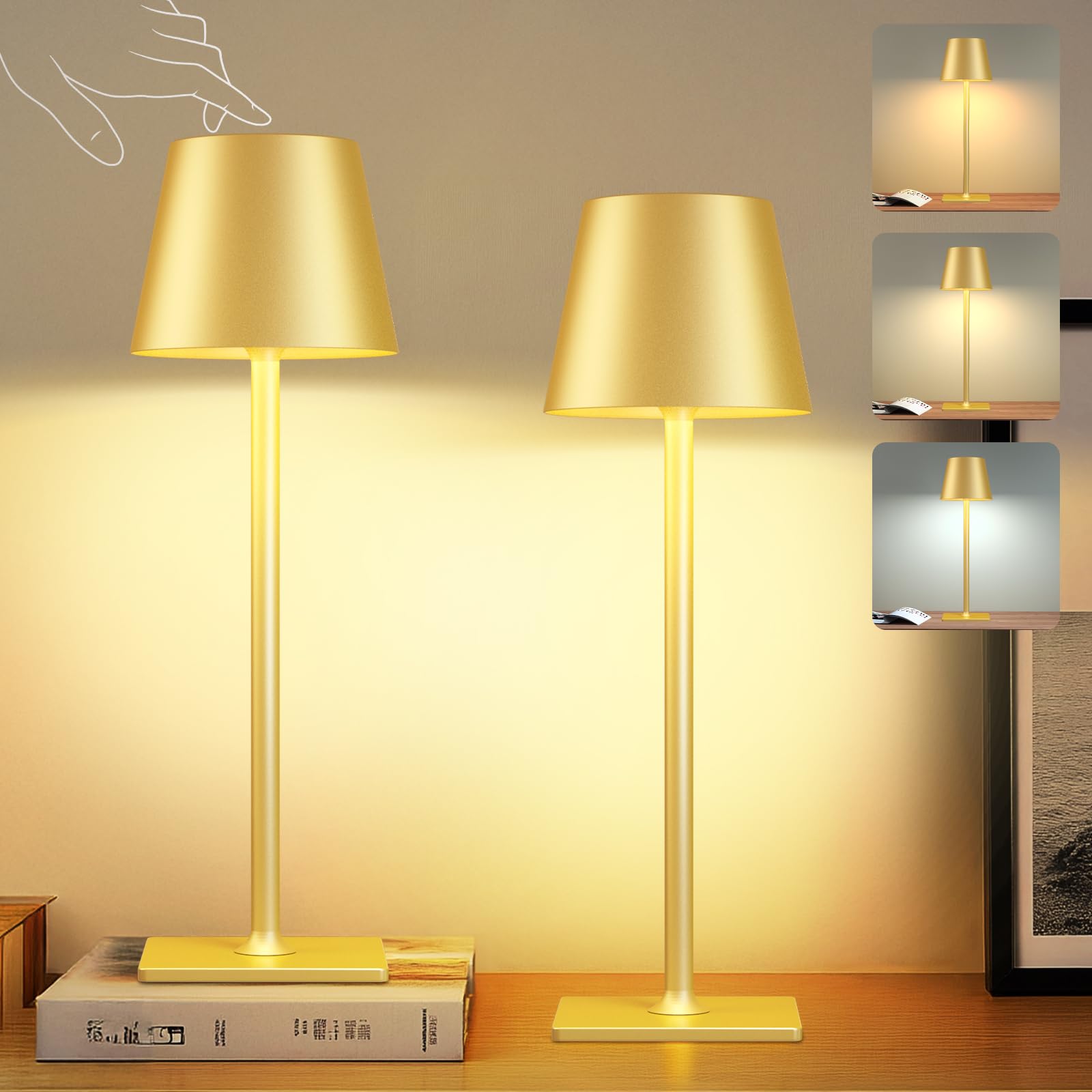 Fenfud 2 Pack Gold Cordless Table Lamp: 6000Mah Battery Operated Touch Lamp Outdoor Table Lights, 3 Color Stepless Dimming, Waterproof Wireless Portable Desk Lamp For Indoor Table Living Room Camping Cafe