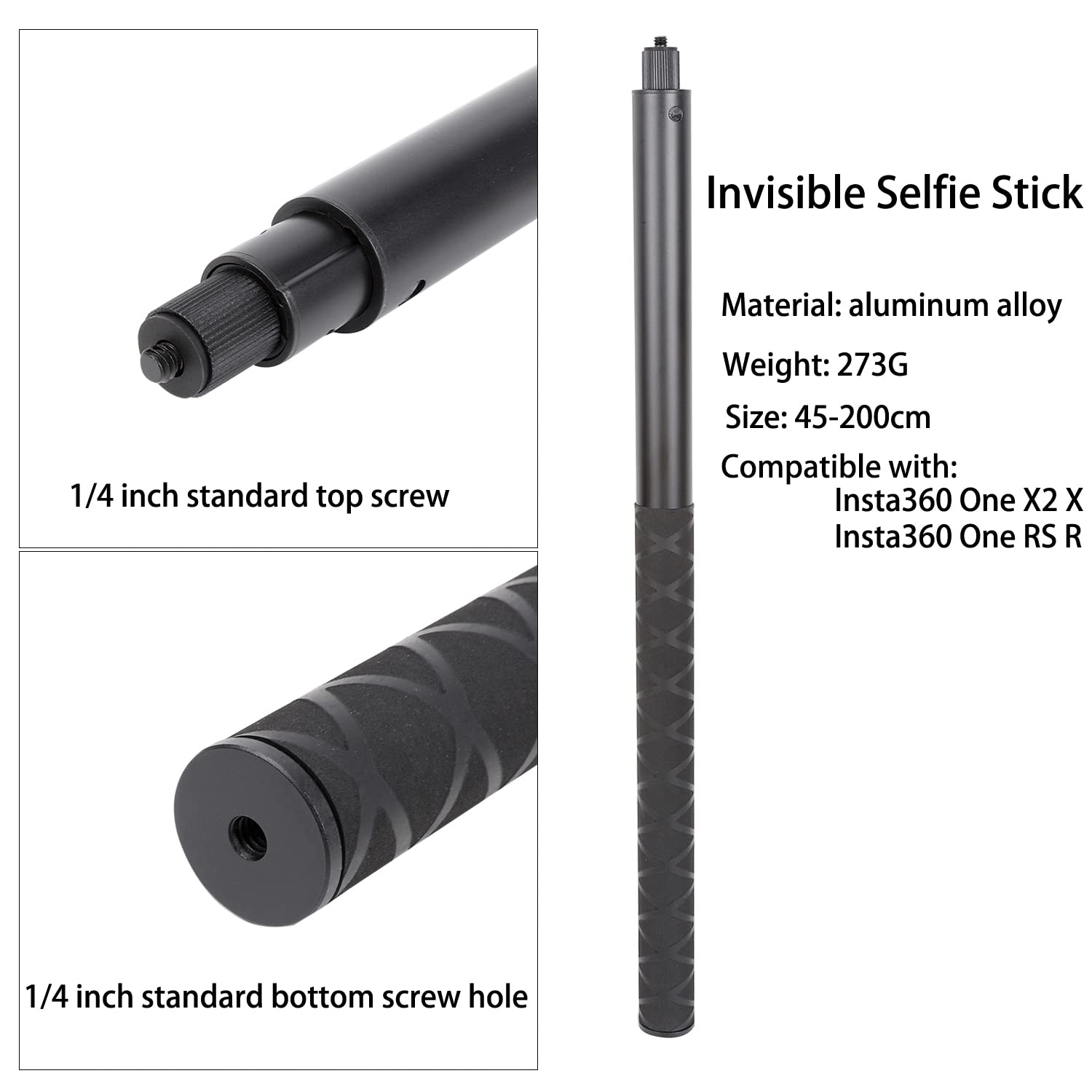 Pellking Long 77Inch Invisible Selfie Stick For Insta360 One X5,X4, X3, X2, X, Insta360 One R, Rs, Insta 360 Camera 1/4" Extended Monopod Pole