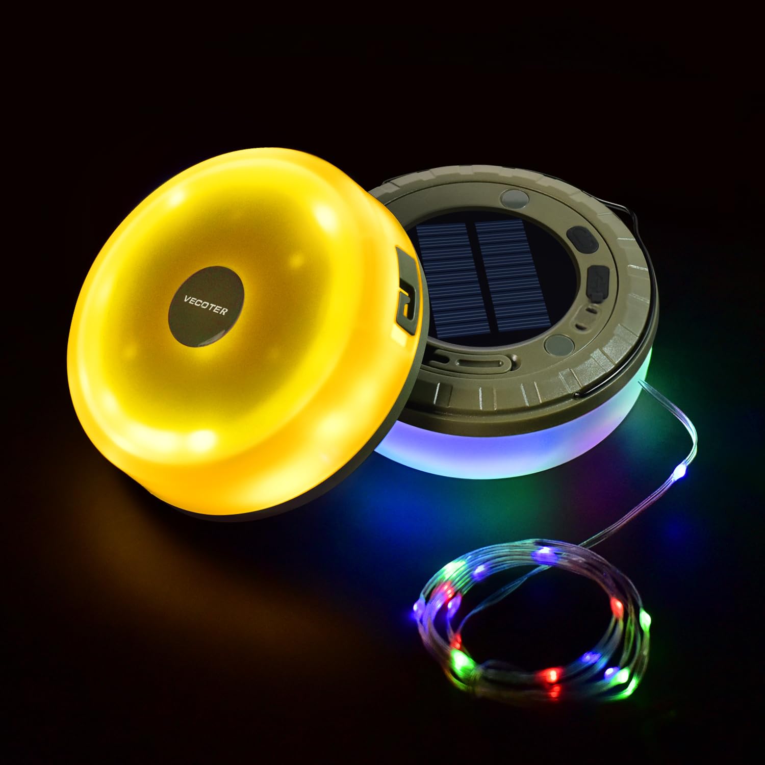 Vecoter Solar Camping String Lights 1-Pack, 2 In 1 Rechargeable Camping Lights With 5 Modes, Waterproof Portable Tent Lighting For Outdoor Hiking Garden Party Festival Decor, 32.8Ft