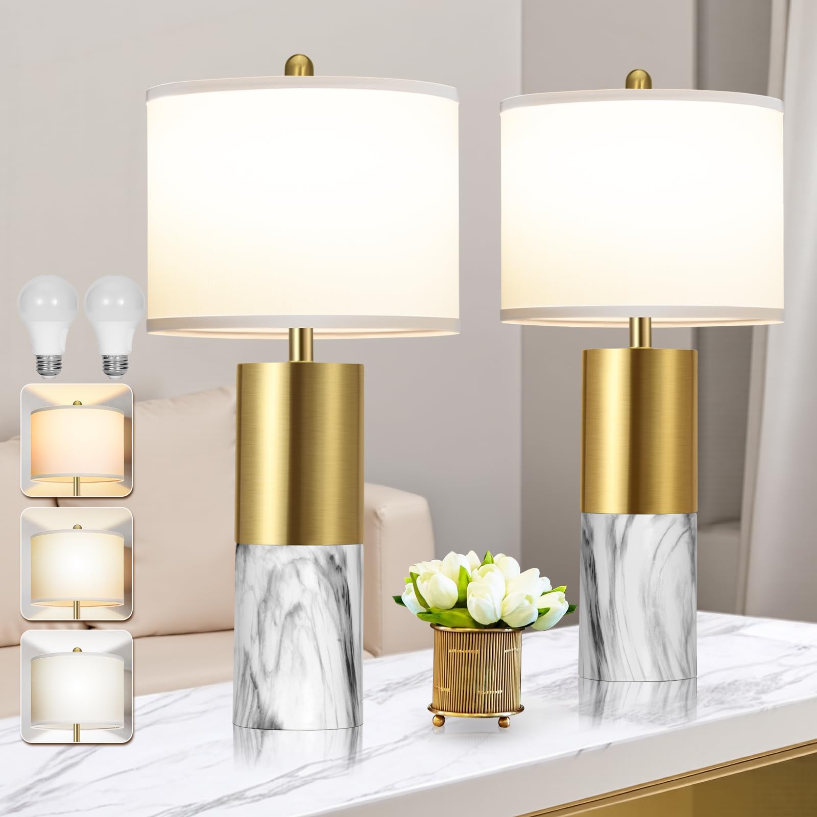 Ghoocemlux 22" Faux Marble Table Lamps Set Of 2, Modern 3-Color Temperature Table Lamps With Fabric Shades, Contemporary Bedside Nightstand Lamps For Living Room Bedroom (2 Led Bulbs Included) - White & Gold