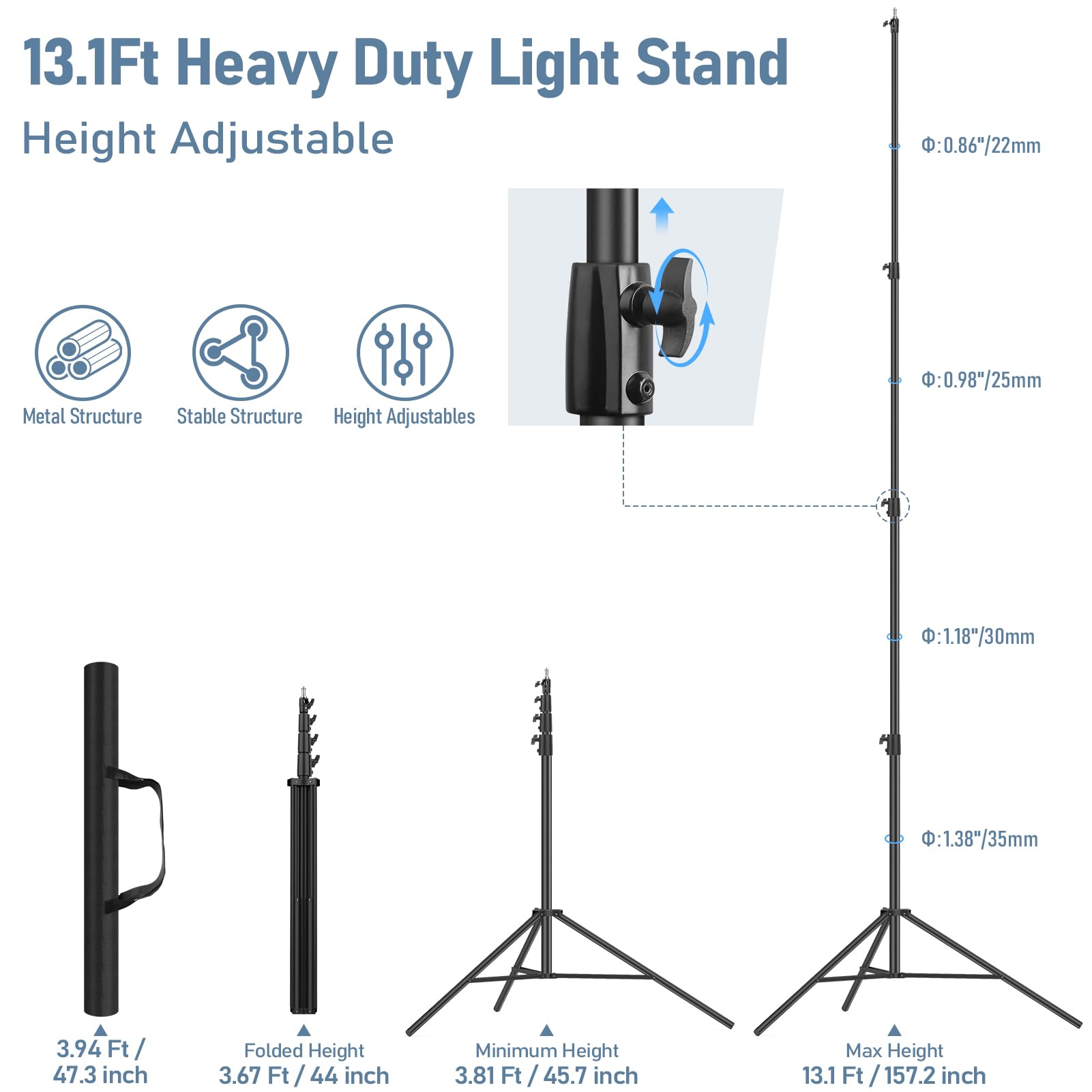 Sdfghj 13.1' Heavy Duty Light Stand Photography, 157.2In/4M Adjustable Metal Professional Sky High Tripod With Air Cushioned With 1/4"& 3/8" Screw Adapter Compatible With Most Dslr Cameras