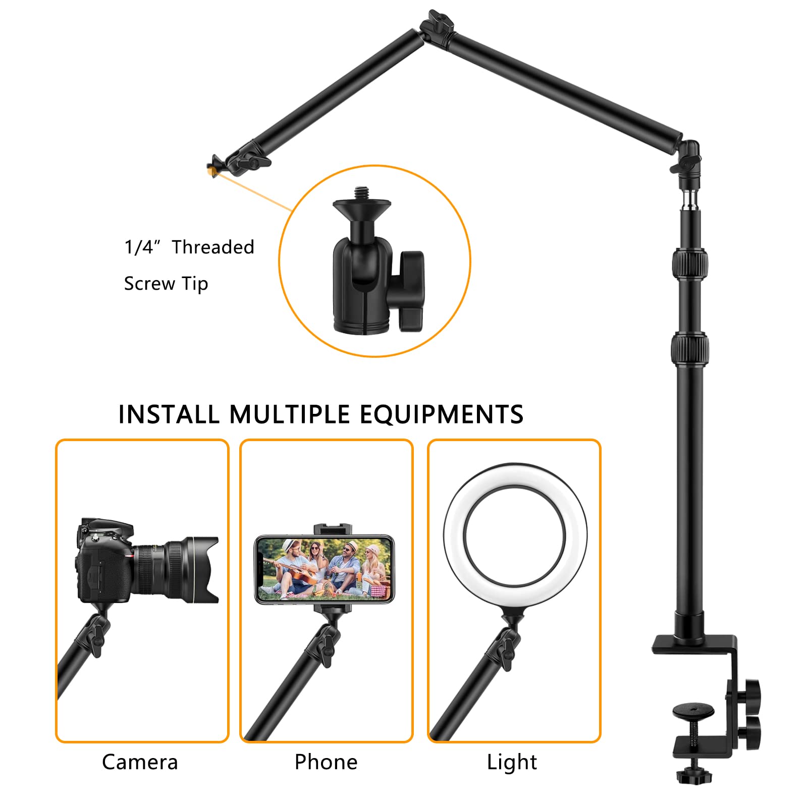 Obeamiu Camera Desk Mount Stand With 24.41'' Detachable Magic Arm, Mount Light Stand With 360° Ballhead, 16.7-40.1'' Tabletop Clamp Stand For Dslr Camera/Fill Lights/Selfies/Live Streaming/Webcam