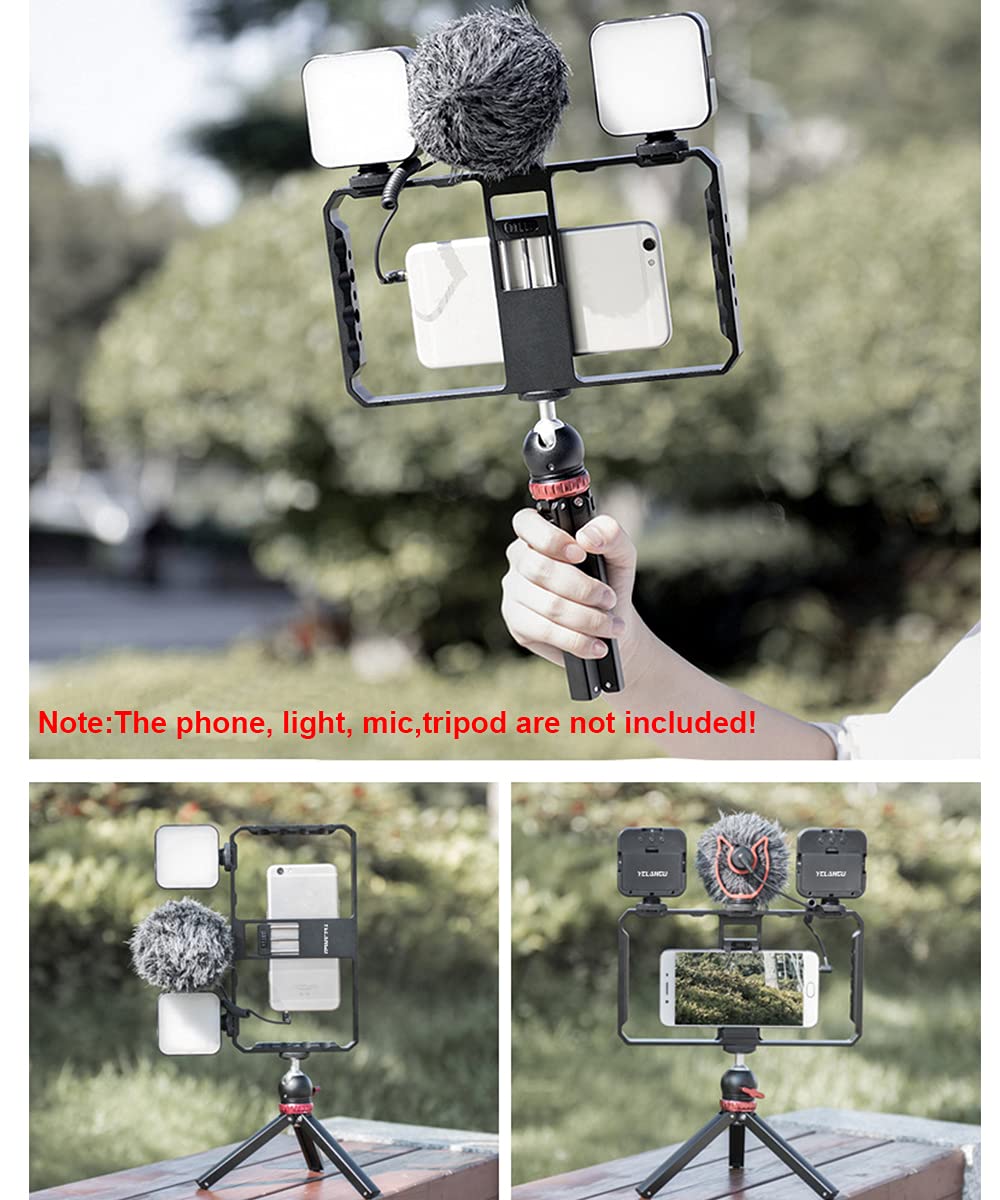 Supfoto Smartphone Video Rig Filmmaking Vlogging Smartphone Cage Aluminum Phone Video Stabilizer With Cold Shoe For Iphone Huawei Phone Photography, Film Making And Vlog