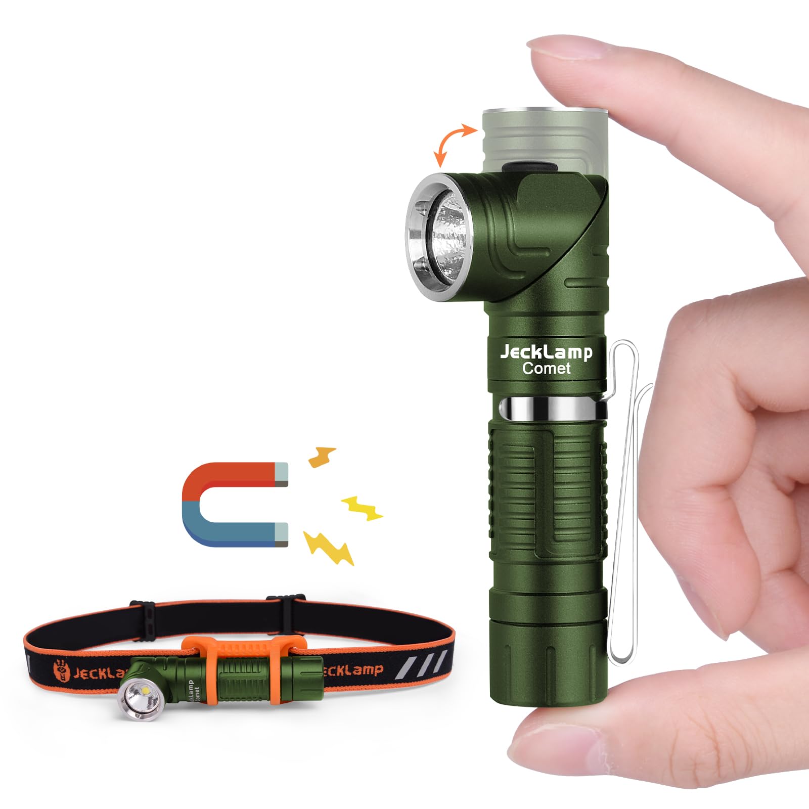 Jecklamp 90 Degree Edc Flashlight, 1200 High Lumens Magnetic Flashlight With Clip, 6 Modes Rechargeable Led Headlamp, Pocket Tactical Flashlight For Working, Camping（Battery Included）