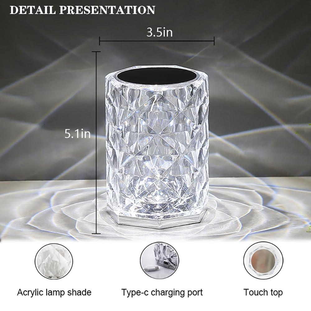 Leroxo Portable Crystal Table Lamp,3 Color Touch Control Rechargeable Lamp,3-Levels Brightness Room Decor Desk Lamp,Crystal Bedside Lamp,Night Light For Kids Nursery,Bedroom,Dining Room Lamp (16 Color Rose)