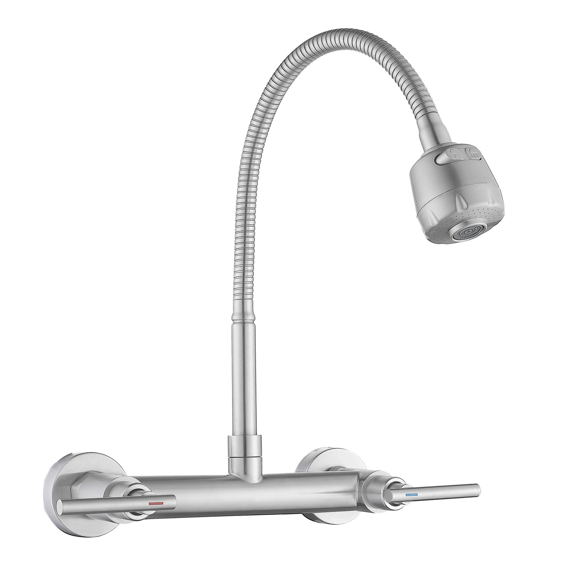 Flwueue Wall Mount Faucet With Sprayer 8 Inch Center, Kitchen Sink Faucet With Dual Handle, Stainless Steel Constructed Sink Mixer Tap, Laundry Utility Faucets, Lead-
