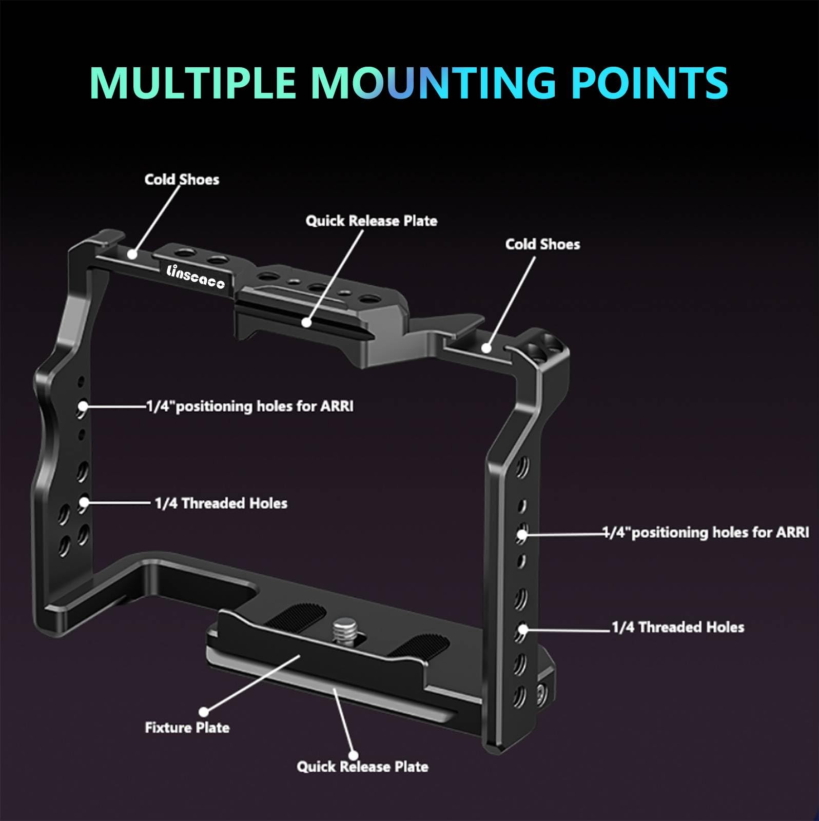 Linscaco Camera Cage For Sony Alpha 7 Iv/A7 Iii/A7 Ii/A7R Iii/A7R Ii, Video Stabilizer, Cold Shoe Mount, Multiple 1/4"-20 & 3/8"-16 Threaded Holes