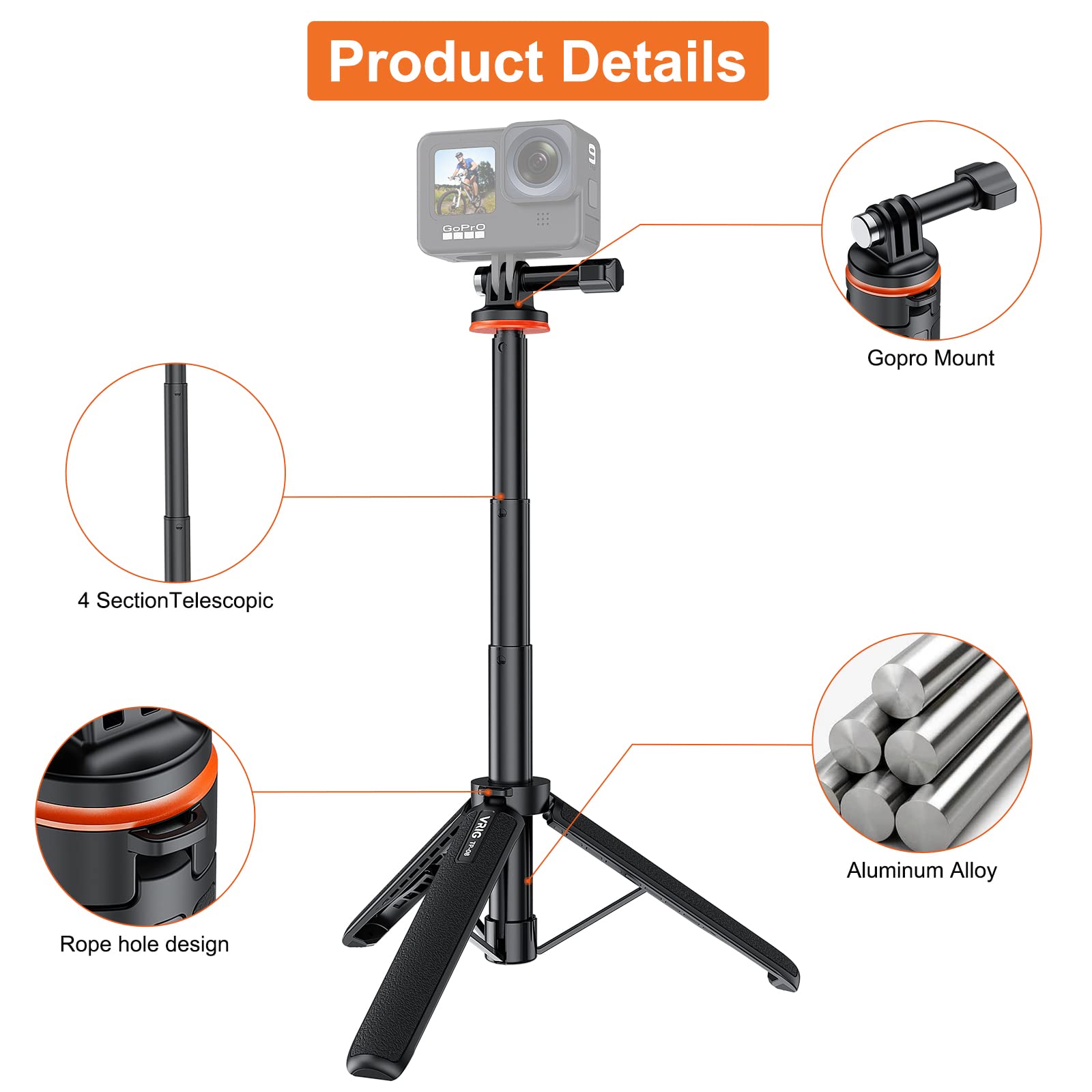 Vrig Select Uurig 20.1" Mini Extendable Gopro Tripod,Portable Selfie Stick Tripod For Dji Osmo Action 5Pro/4/3,Gopro Max Hero 11 10 9 8 7 6 5 4 3 3+ 2 1 Session