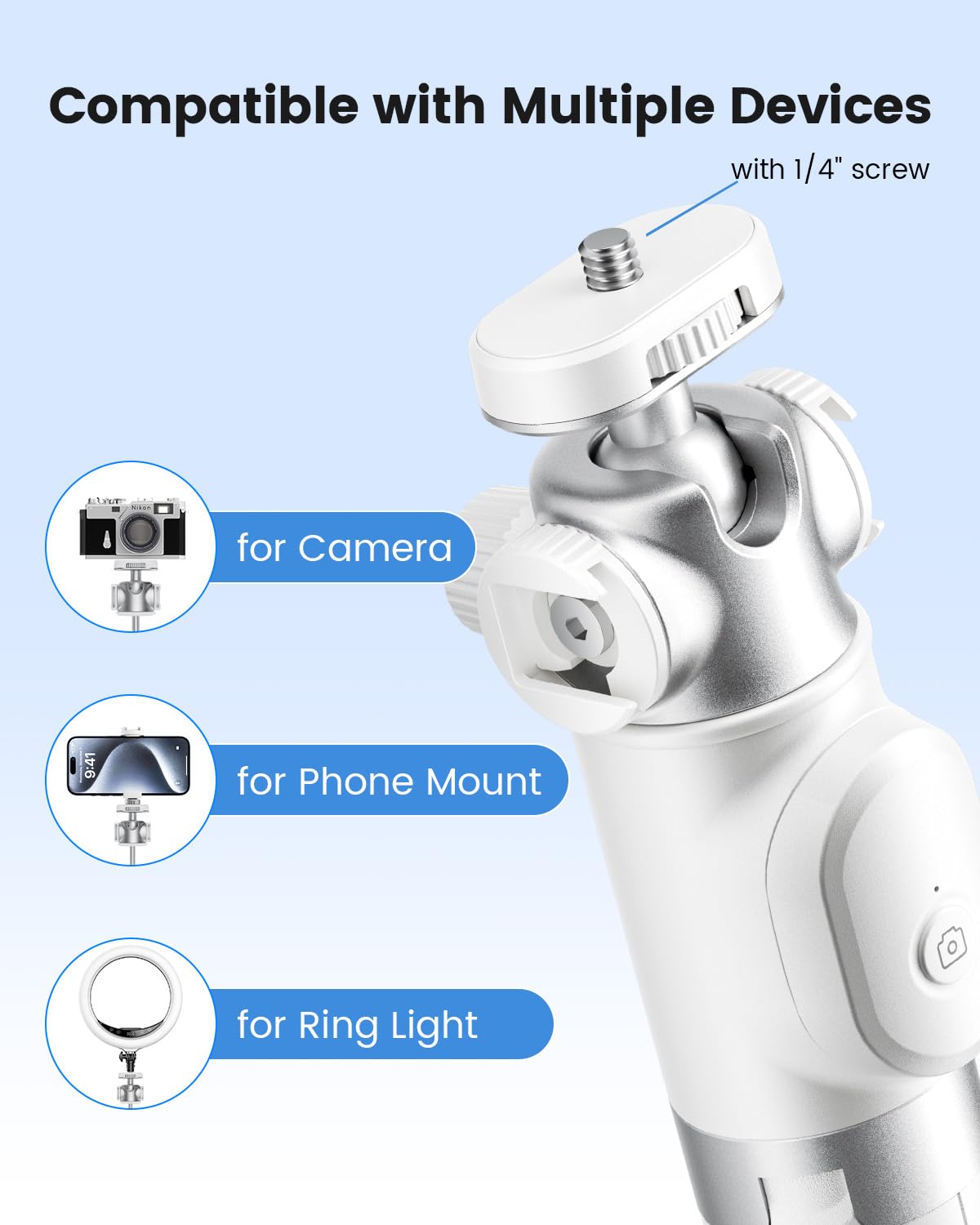 Kraftgeek Vlogging Tripod For Phone And Camera, 48" Phone Tripod Stand With 3 Cold Shoes For Lights And Microphones (Both Are Not Included), Selfie Stick With Remote For Video Recording, White