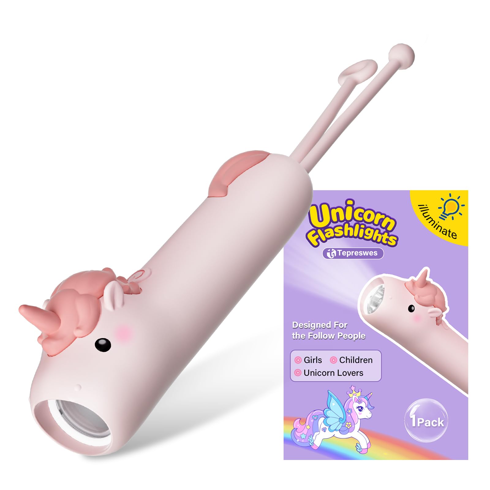 Tepreswes Kids Flashlight Rechargeable, Led Flashlight For Boys & Girls, Fun Lightweight Flashlights For School Kid For Camping & Outdoor Adventures, Dog Walking, Birthday , Usb-C,1Pack-Unicorn