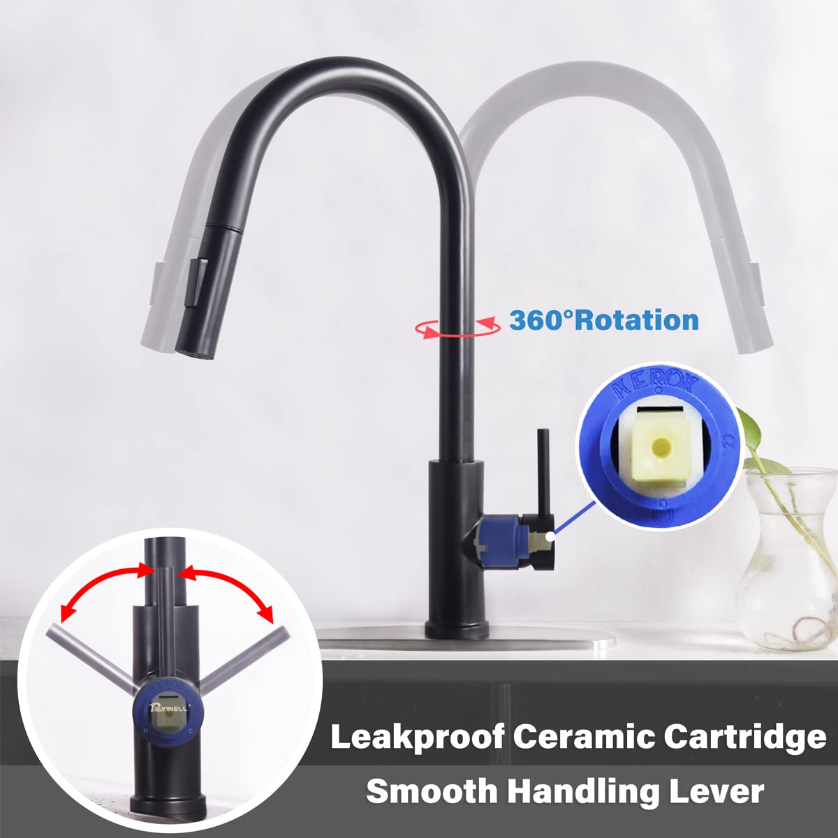 Trywell Matte Black Kitchen Sink Faucet High Arc Single Handle Faucet, 304 Stainless Steel Pull Out Kitchen Faucet Hot & Cold Water Black Kitchen Faucet With Pull Down Sprayer