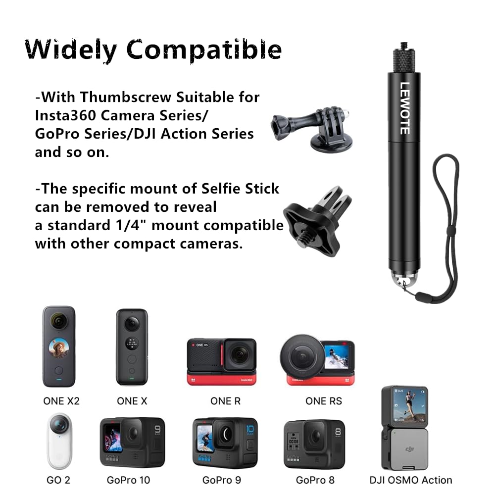 Lewote Extendable Selfie Stick Compatible With Insta360 One X2 X3 Xr/Rs/Go 2 Go 3, Dji Action Series Monopod Accessories[With Detachable Tripod](27Inch(70Cm))