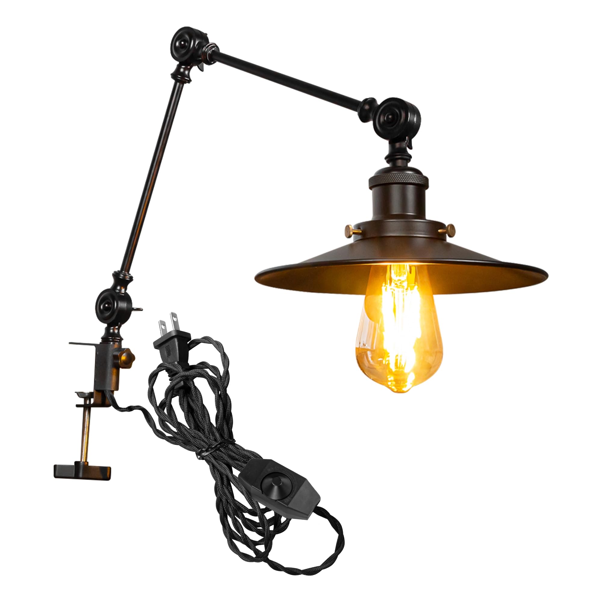 Kiven Dimmable Clip-On Desk Lamp, 1-Light Iron Modern Nightstand Lamps With Flexible Swing Arm, 8.2Ft Plug In Cord, Decorative Clamp Lamp For Office Bedside Bookshelf Cabinet E26 Sokcet,Black
