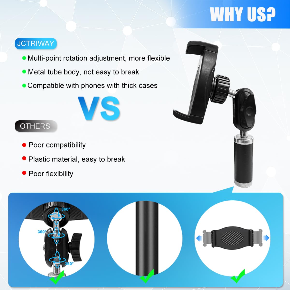 Jctriway Tripod Phone Mount, Universal Phone Holder For Tripod, Cell Phone Tripod Mount Adapter Multi Angle Adjustment Tripod Phone Holder For Iphone, Samsung Galaxy And Other Smartphones