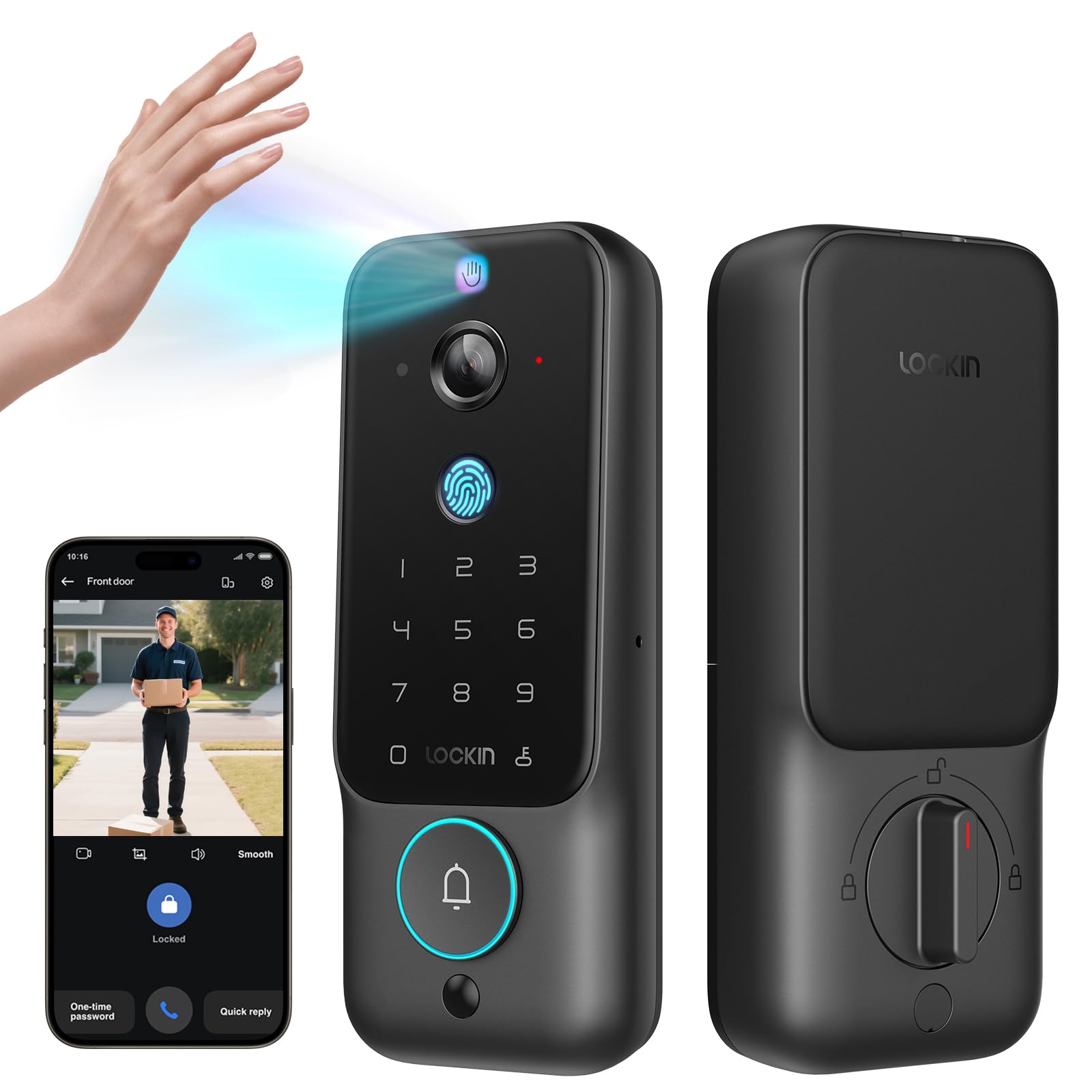 Lockin Veno Plus Palm Vein Video Smart Lock With 2K 180° Camera, Fingerprint Recognition, Keyless Entry, Built-In Wi-Fi, 8Gb Storage, Suitable For Front Door, No Monthly Fee (Plus)