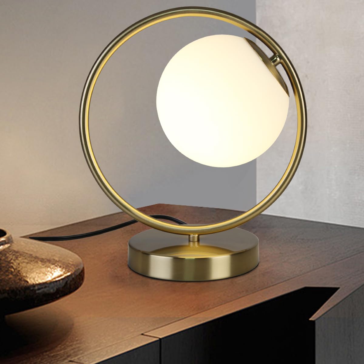 Masivel Globe Table Lamp, Mid Century Modern Lamp For Nightstand, Unique Sphere Table Lamps For Bedroom Bedside Living Room Office Nightstand, E26 Dimmable Switch, Brass