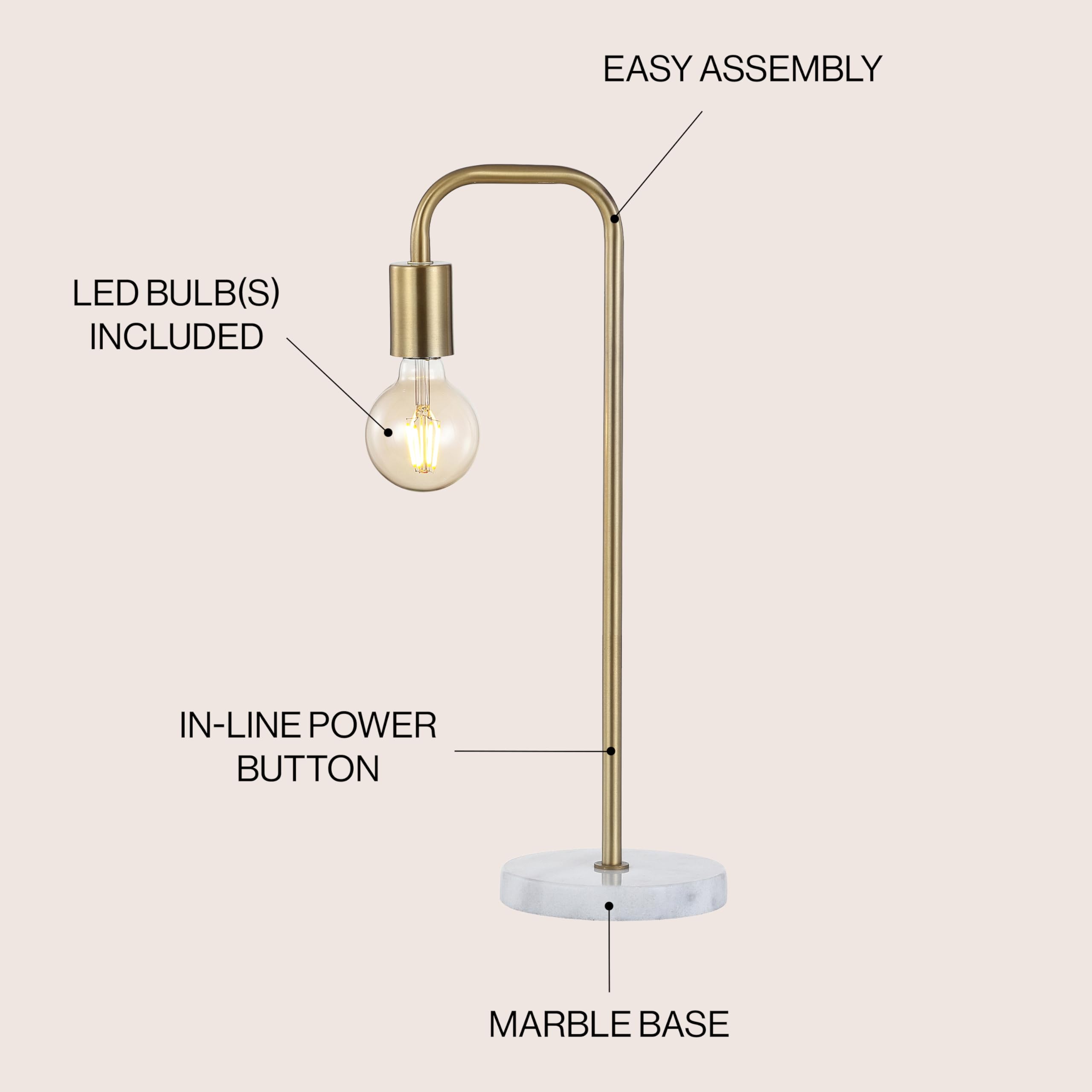 Jonathan Y Jyl1094A Axel 20.5" Industrial Gold Pipe Metal/Marble Edison Led Table Lamp Classic Transitional Bedside Desk Nightstand Lamp For Bedroom Living Room Office College, Brass Gold/White