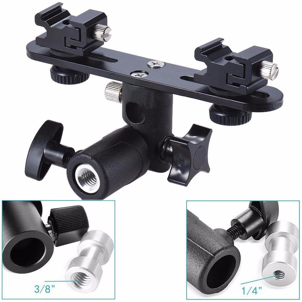 Exmax E2 Adjustable Double Flash Bracket Dual Hot Shoe Speedlight Stand Umbrella Holder Light Stand Bracket Mount 1/4" To 3/8'' For Studio Video Dslr Camera