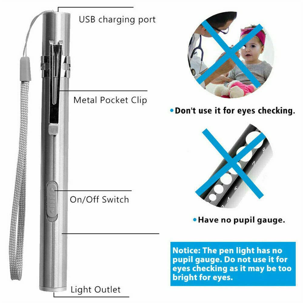The Perfect Part Usb Rechargeable Mini Led Flashlight  5" Stainless Steel Clip Torch Pen Light With Usb Cable  Small Handy Pocket Torch For Medical Inspection Camping Work Repair Outdoor Activities