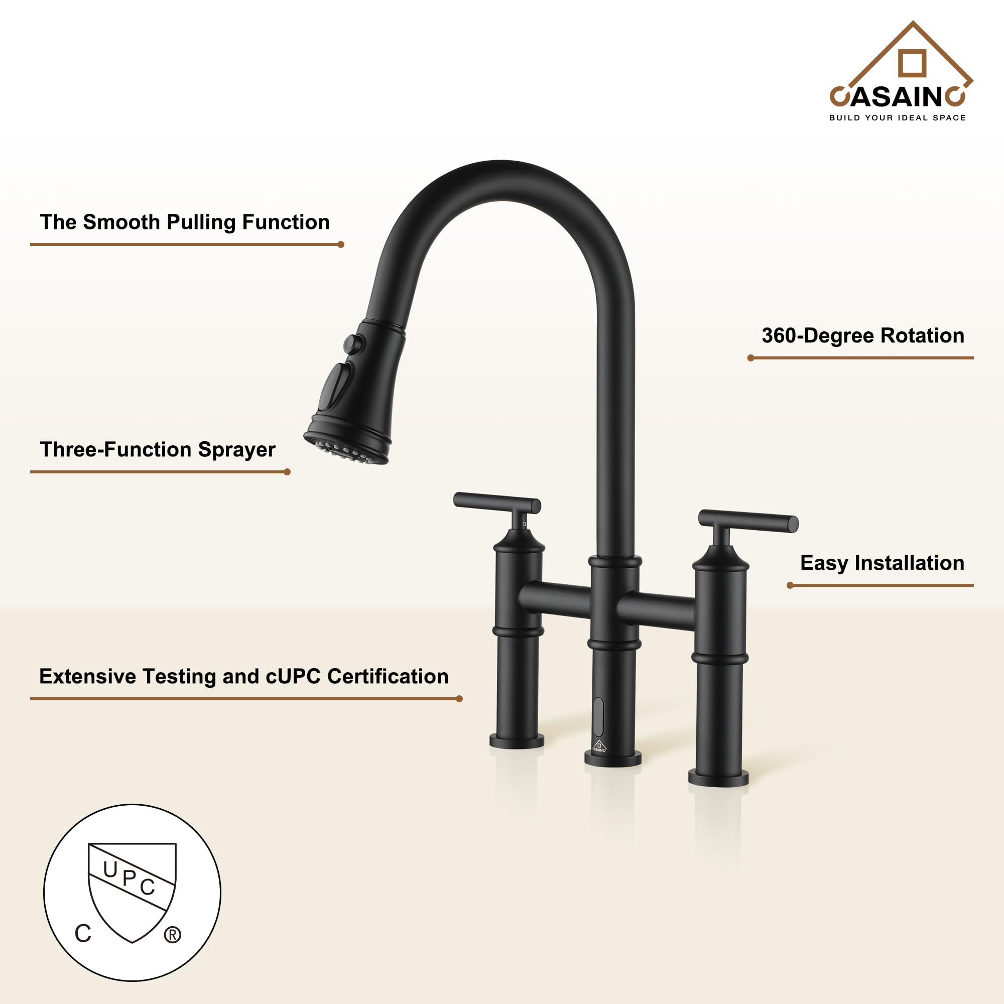 Casainc Bridge Kitchen Faucet, Motion Sensor Kitchen Faucet For Sink 1/3 Hole Matt Black Kitchen Sink Faucet, Doublehandle 8 Inch Centerset Bridge Faucet For Kitchen/Rv/Patio Sink Remodel