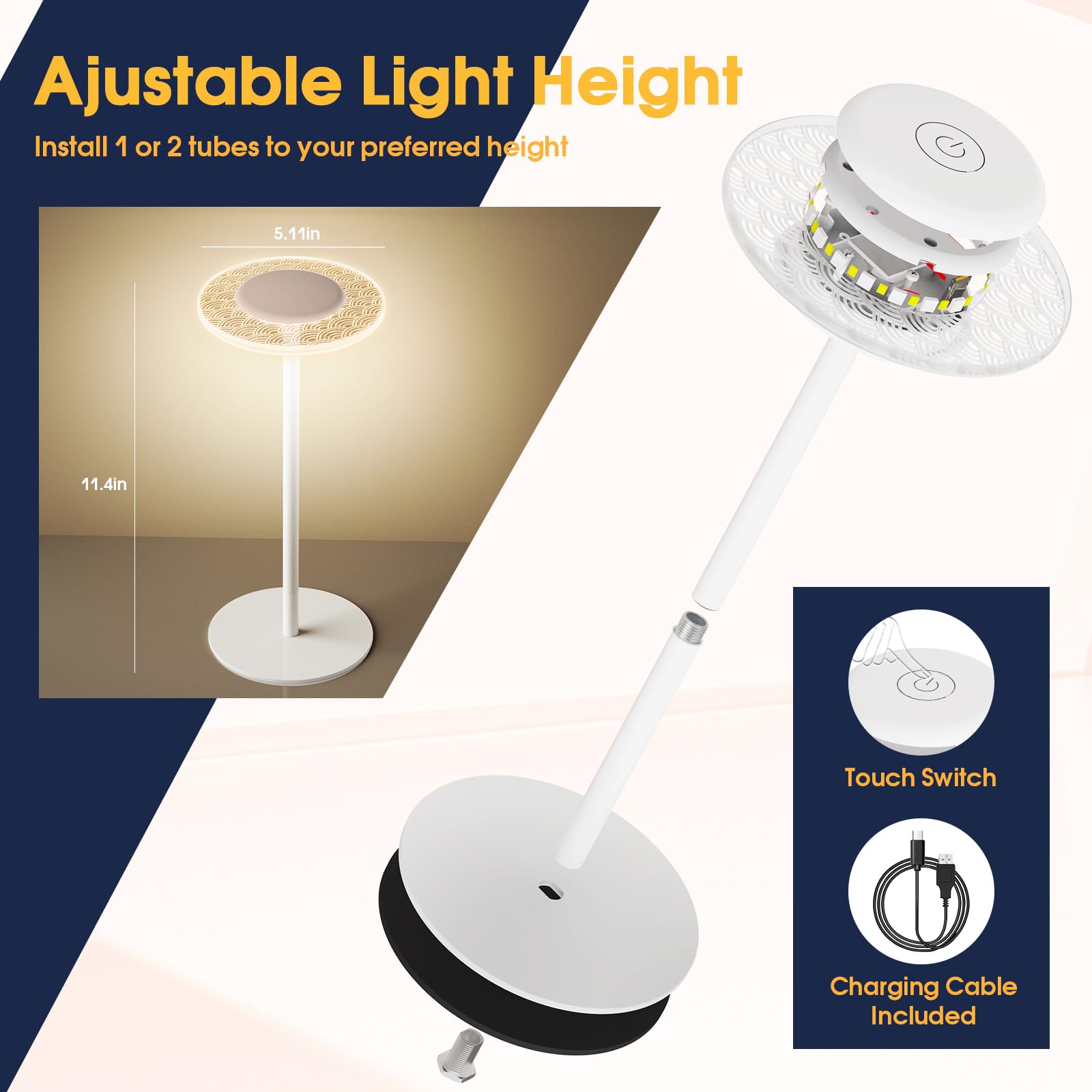 Reinhardt Cordless Table Lamp 2 Pack, Rechargeable Led Nightstand Lamp, Rgb Color Changing Stepless Dimming Adjustable Height Wireless Lamp For Dinner/Restaurant/Bedroom Touch Control Portable Lamp