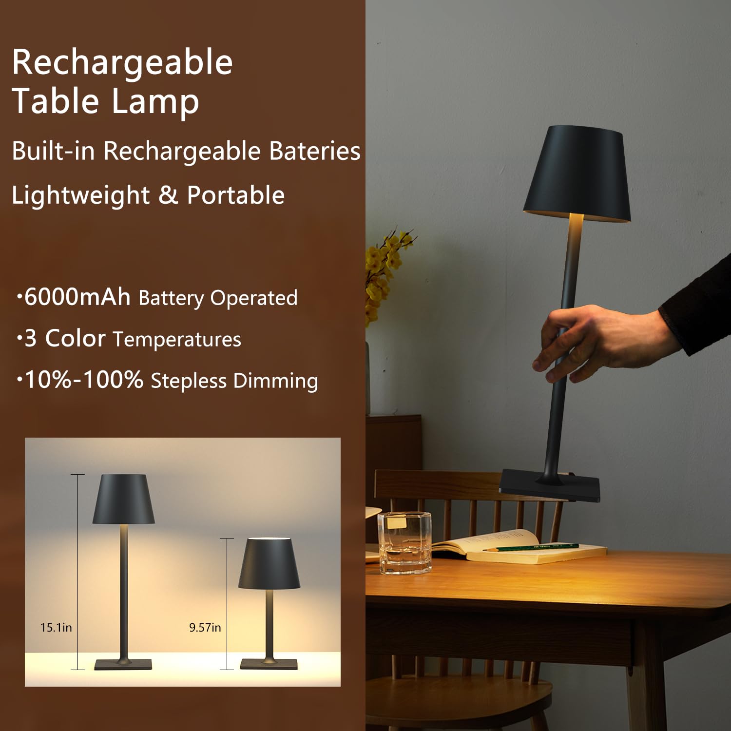 Fizrice Cordless Table Lamp Rechargeable Lamps: 6000Mah Battery Operated Table Lamp Outdoor Waterproof, Touch Control, Portable Wireless Desk Lamp For Dinner/Bedroom/Restaurant(Black 2 Pack)