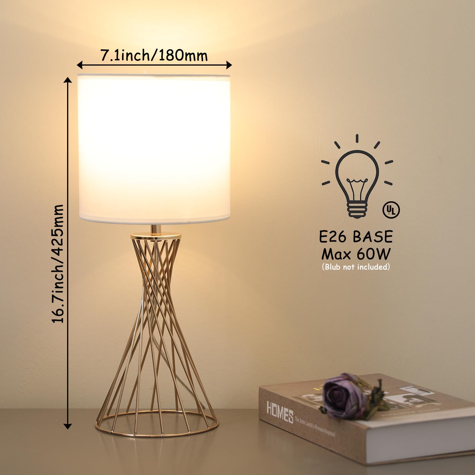 Popity Home Gold Table Lamp, Nightstand Lamp, Small Cute Desk Lamp, Modern Bedside Lamp With White Fabric Shade, Metal Geometric Hollow Out Base Lamps For Living Room Bedrooms Kids Room