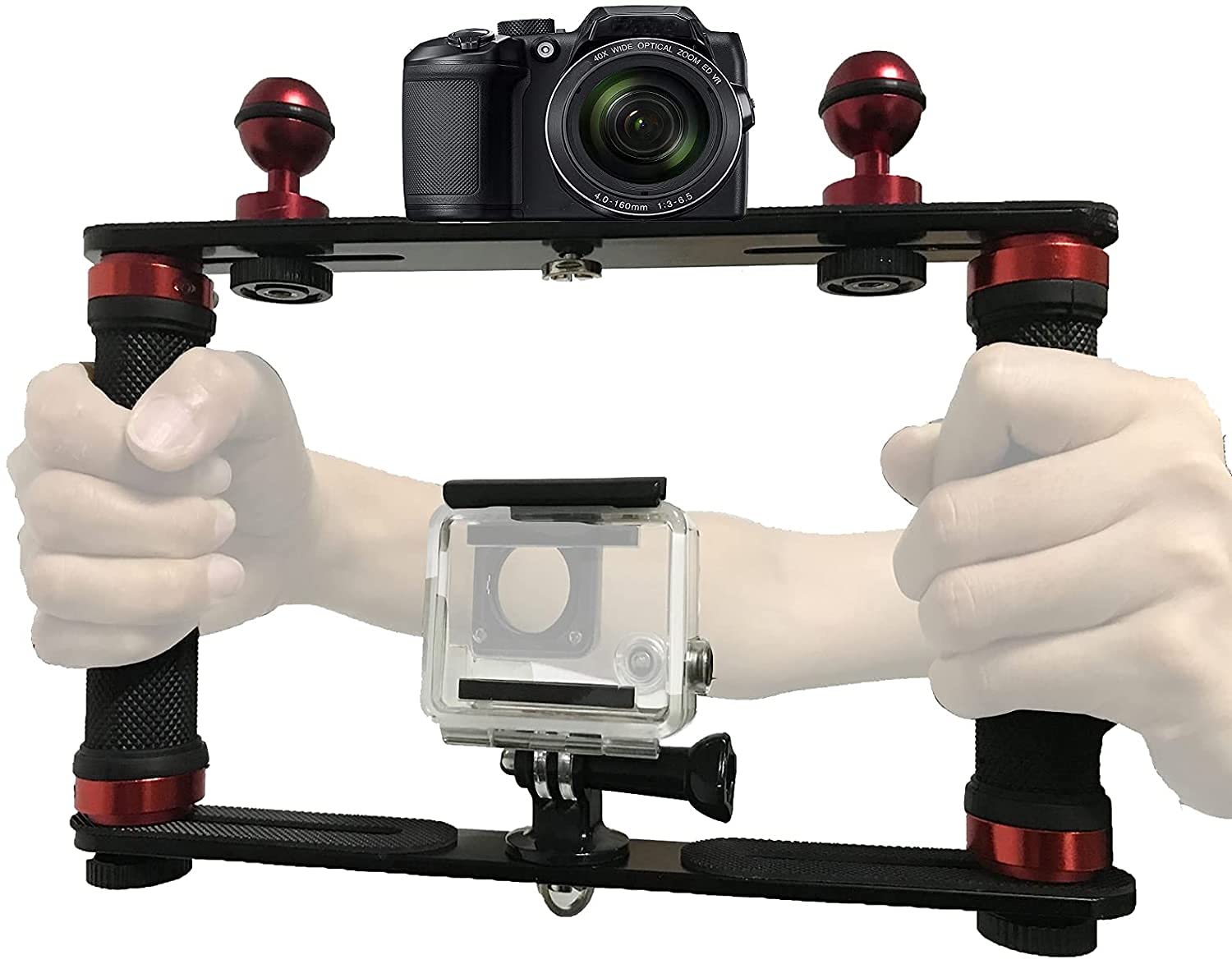 Auxphome Aluminium Alloy Underwater Handheld Support Stabilizer Holder Video Light Dive Light Stand Tray With Two 1'' Ball Handle For Action Camera And Any Other Camera With 1/4 Inch Screw Hole