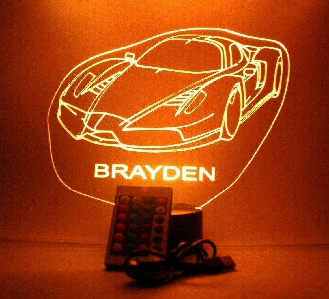 Mirror Mania Sports Race Car Night Light Up Led Personalized Name Engraved Fast Highly Exclusive Speed Racing Luxury Car Table Lamp 16 Color Changing Options With Remote Engraved, Great