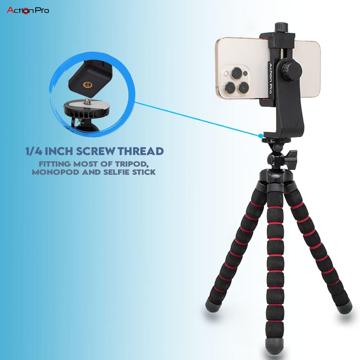 Action Pro Phone Holder/Vertical And Horizontal Tripod Mount Adapter Rotatable Bracket With 1/4 Inch Screw, Adjustable Clip For Iphone, Android Cell Phone, Selfie Stick, Camera Stand
