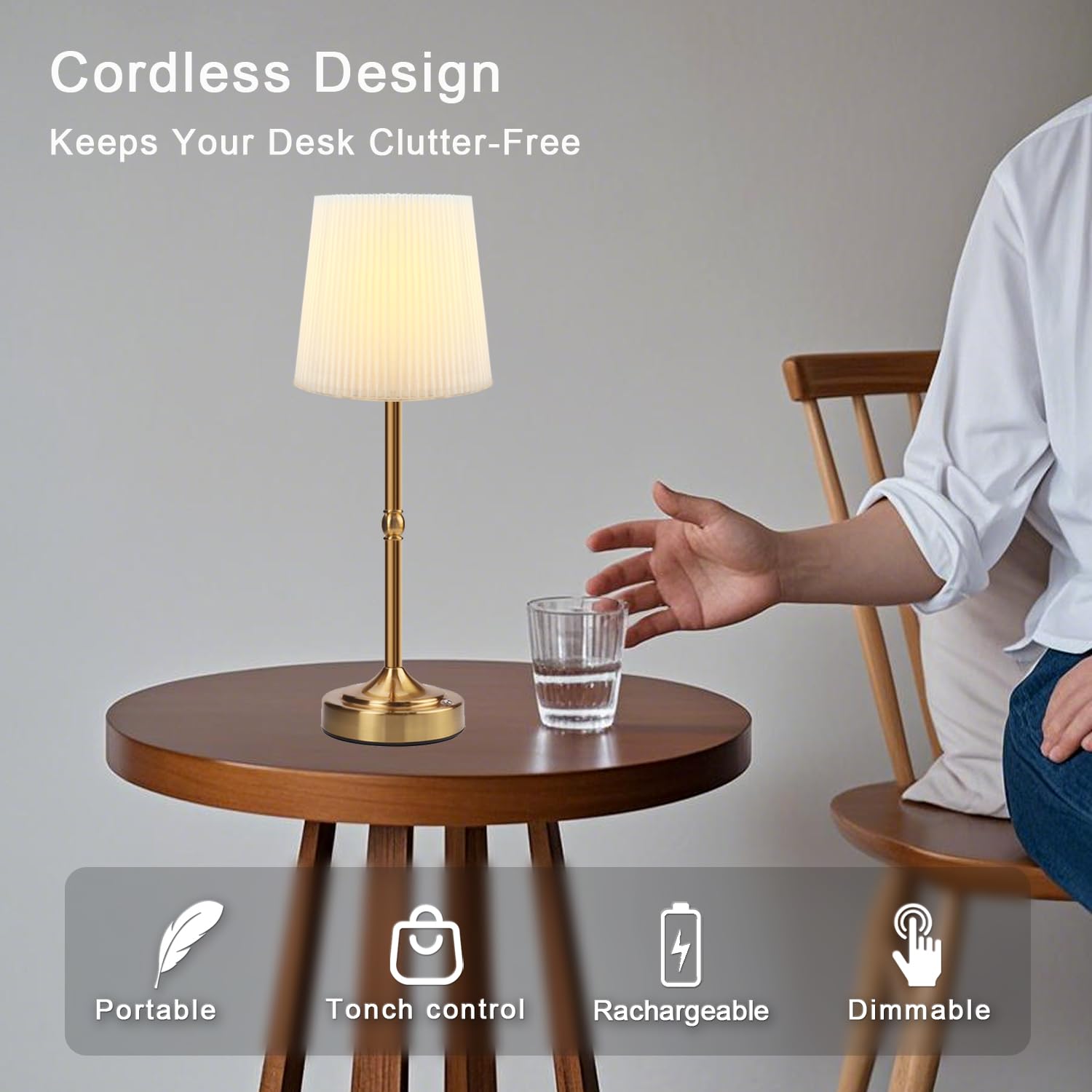 Gdszbysm Cordless Lamp, Rechargeable Led Table Lamp 5200Mah Battery Operate Portable Nightstand Lamp Dimmable Touch Control Fabric Shade 2700K Warm Light For Dining Bedroom Living Room Patio Decor Gold