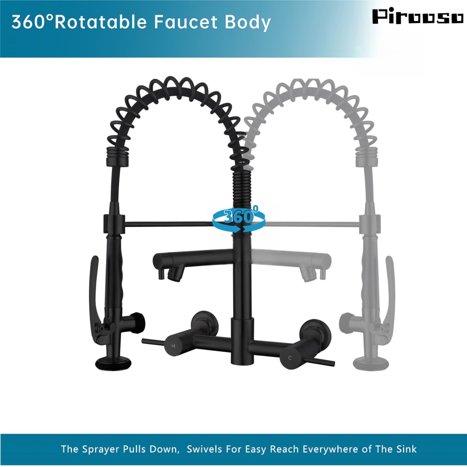 Pirooso Commercial Wall Mount Kitchen Faucet With Pre-Rinse Sprayer & Pot Filler - 8-Inch Center High Arc Spring Faucet With Two Handles - Modern Black Finish For Kitchen Sinks